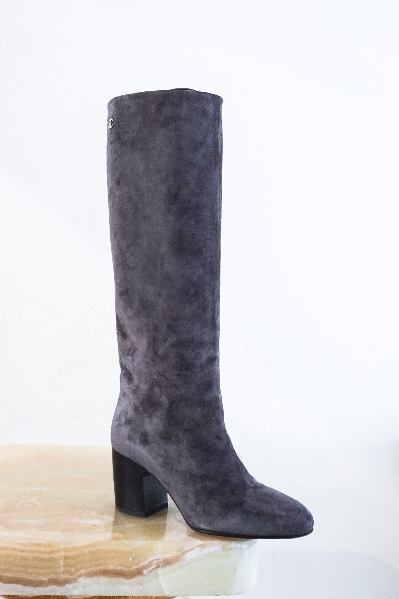 Chanel-Suede-Knee-High-Boots-in-Grey-front-picture-chelsea-london