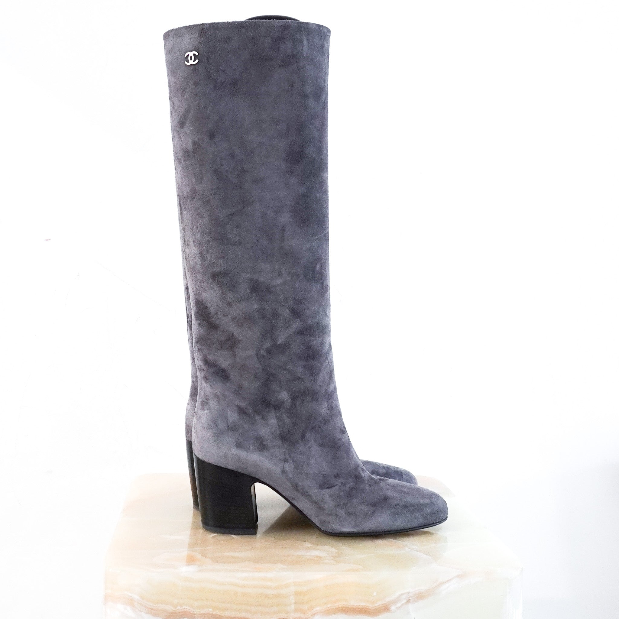 Chanel-Suede-Knee-High-Boots-in-Grey-side-picture