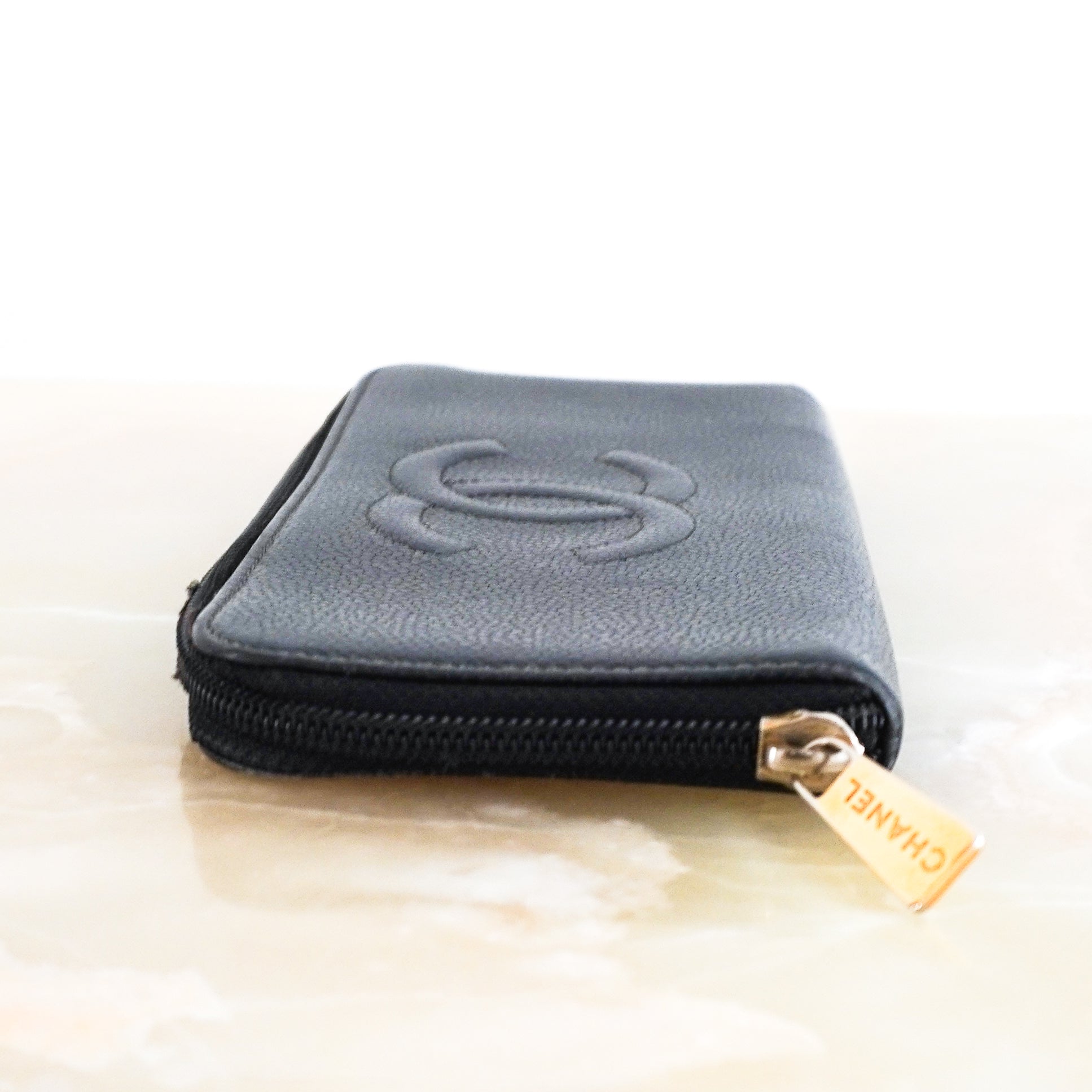 Chanel-Vintage-CC-Long-Line-Wallet-in-Black-side-picture-Chelsea-London