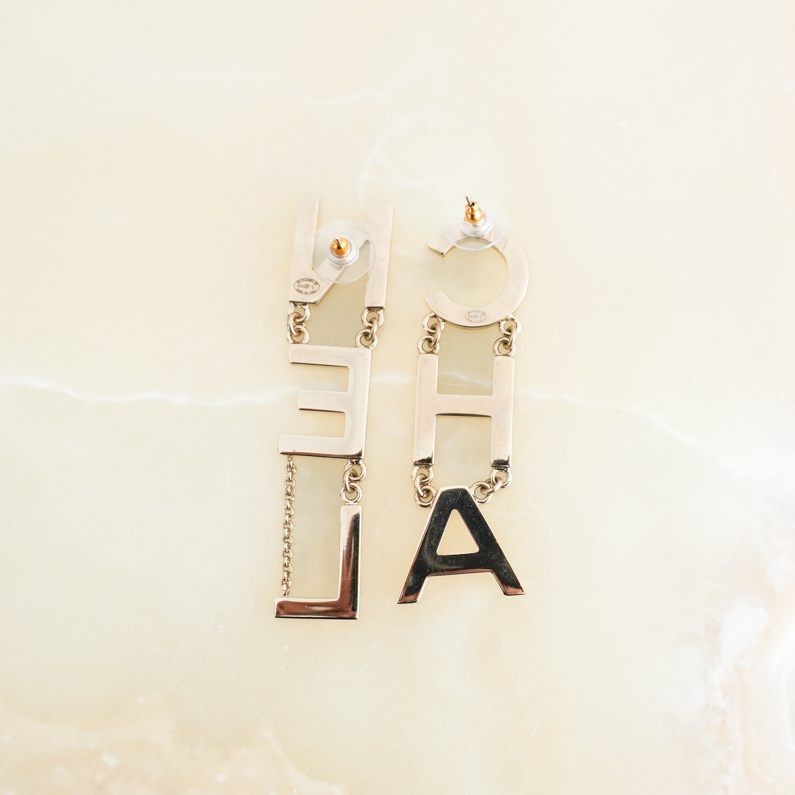 Chanel B20 Gold-Tone Letter Drop Earrings back photo chelsea london