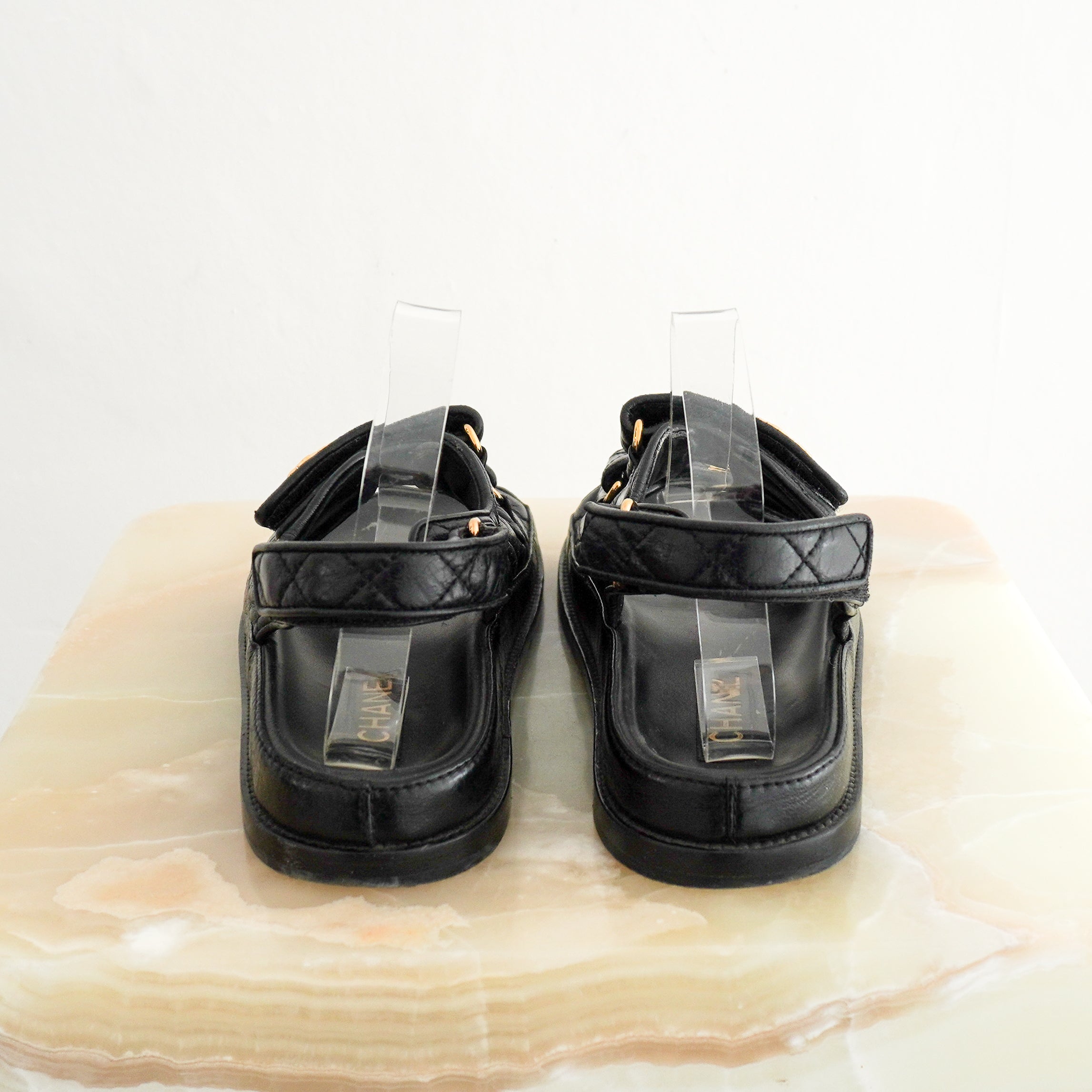 Chanel Black & Gold CC Quilted Leather Dad Sandals back photo chelsea london