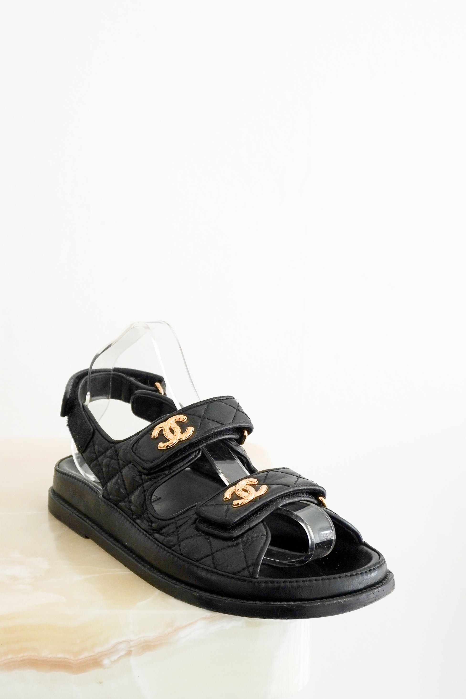Chanel Black & Gold CC Quilted Leather Dad Sandals front photo chelsea london