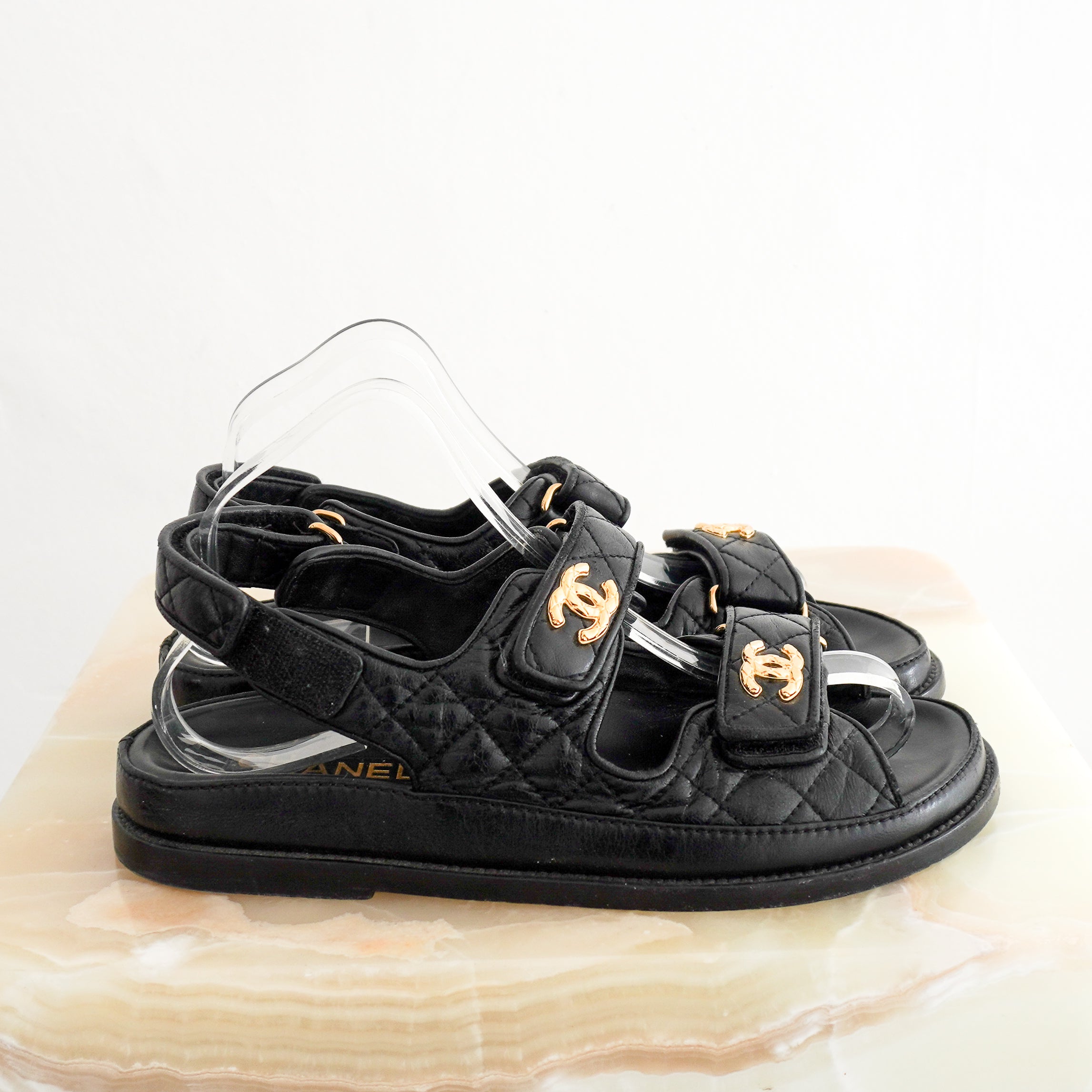 Chanel Black & Gold CC Quilted Leather Dad Sandals side photo chelsea london