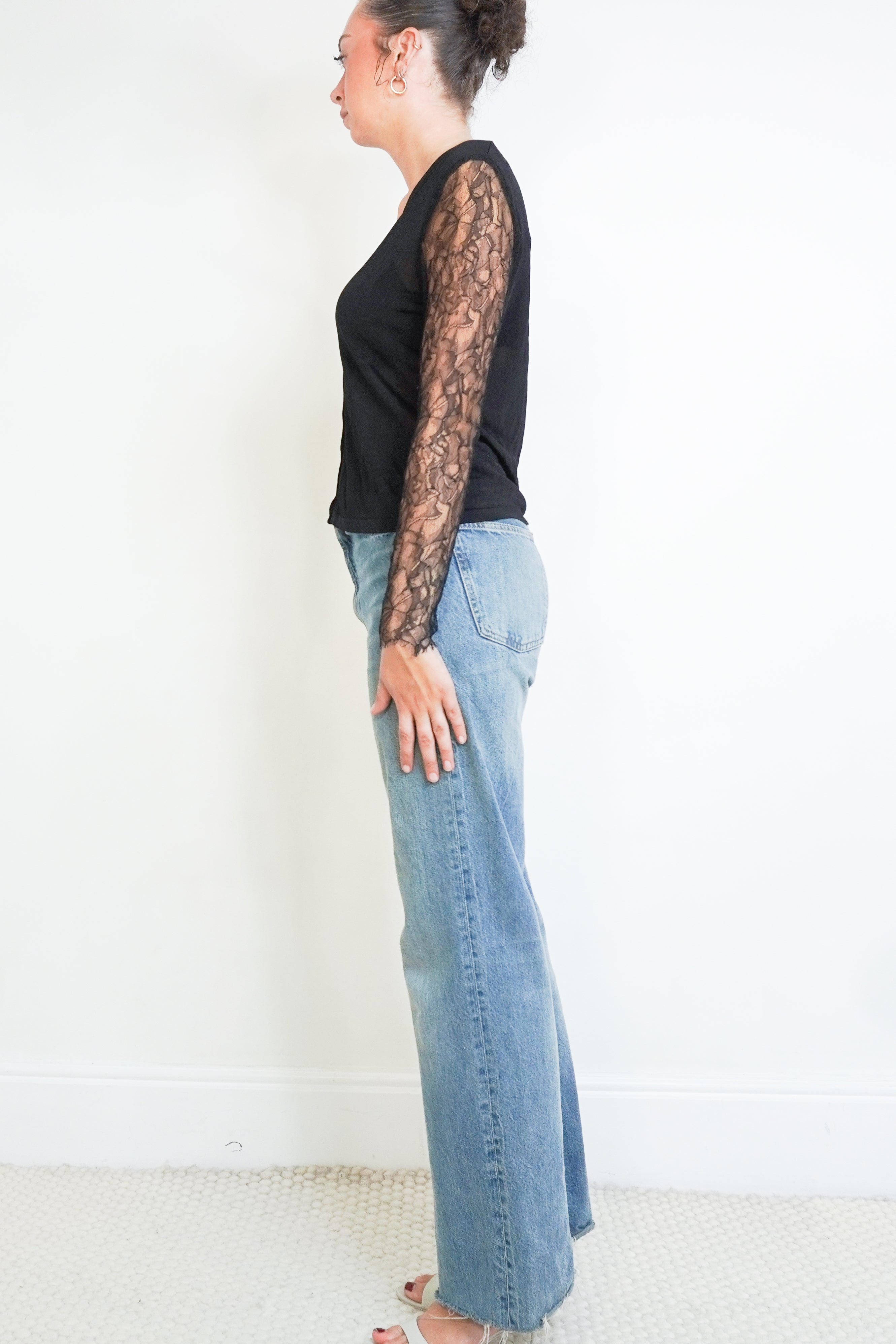 Chanel Black Lace Sleeve Cardigan side photo chelsea london