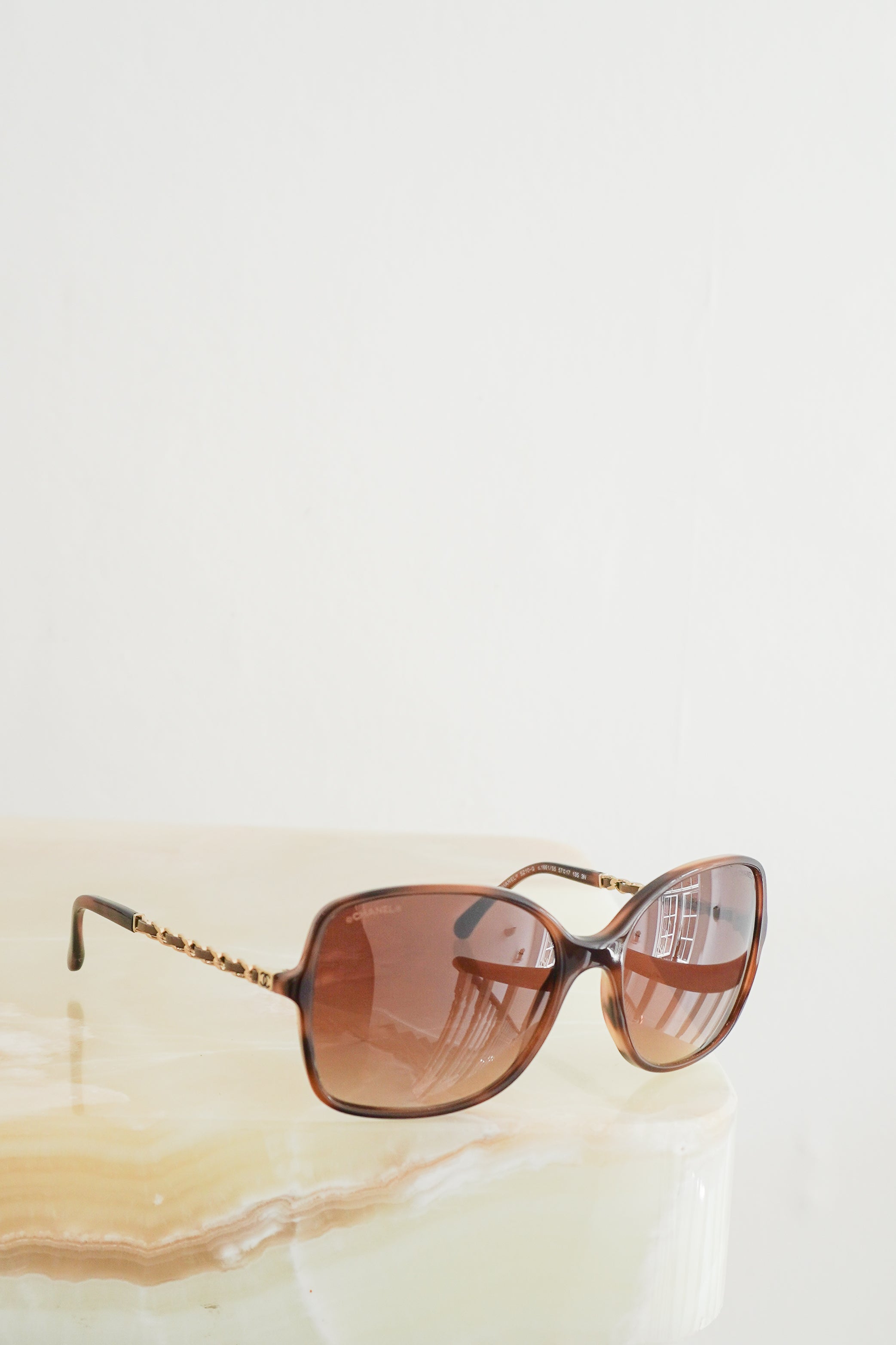 Chanel Brown Gradient Chain Arm Square Sunglasses front photo chelsea london