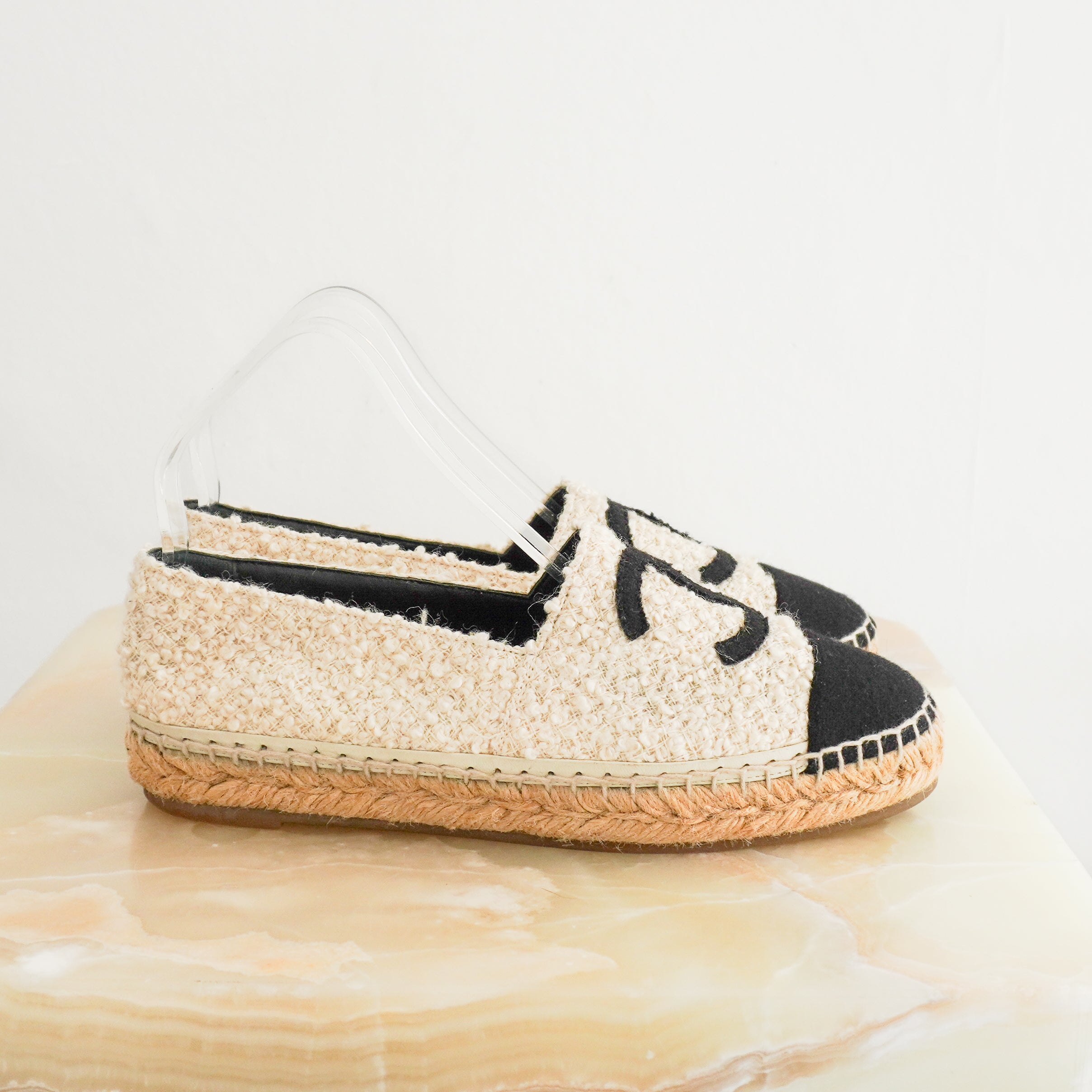 Chanel CC Cream Boucle Espadrilles side photo chelsea london