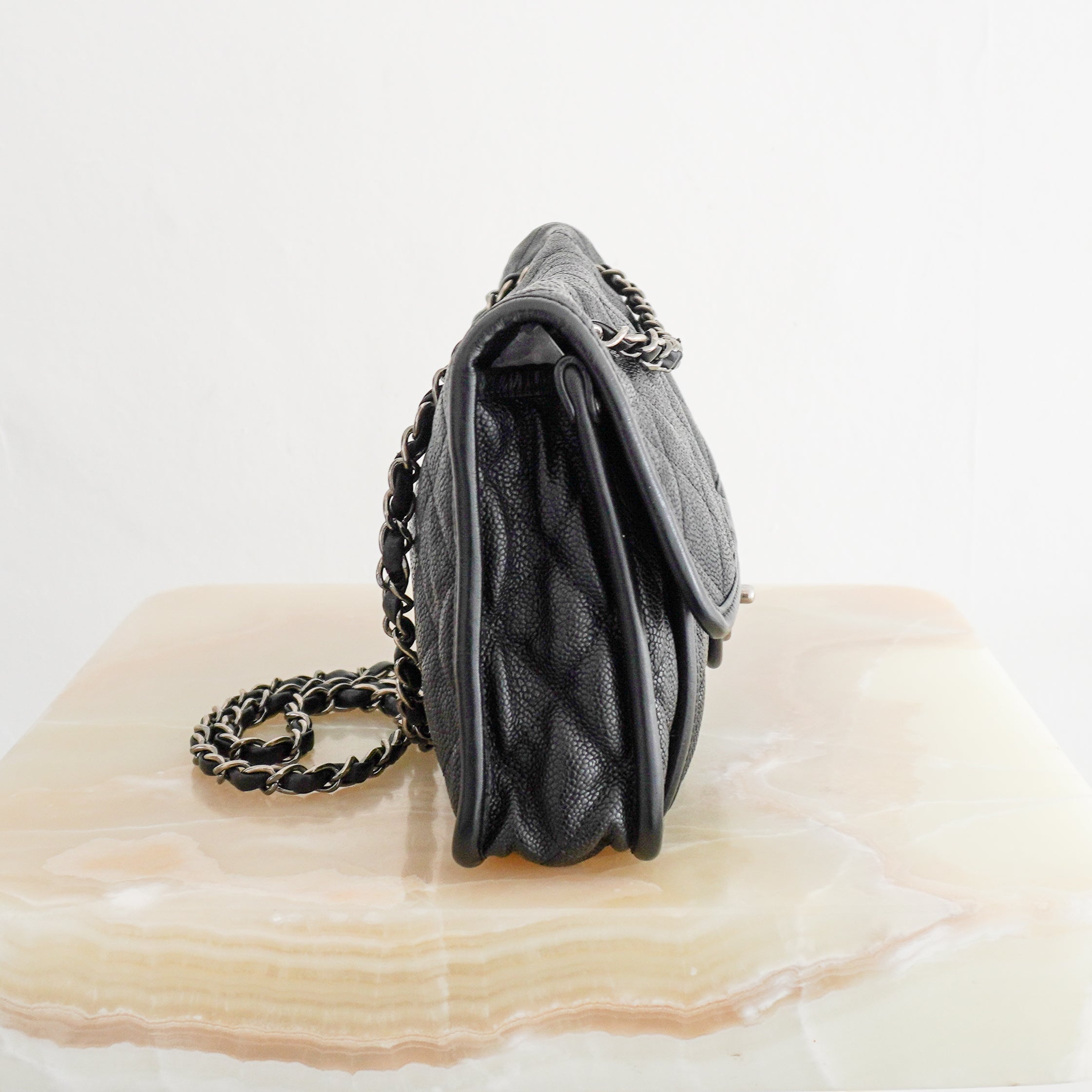 Chanel CC Medium French Riviera Single Flap Bag in Black Caviar Leather side photo chelsea london
