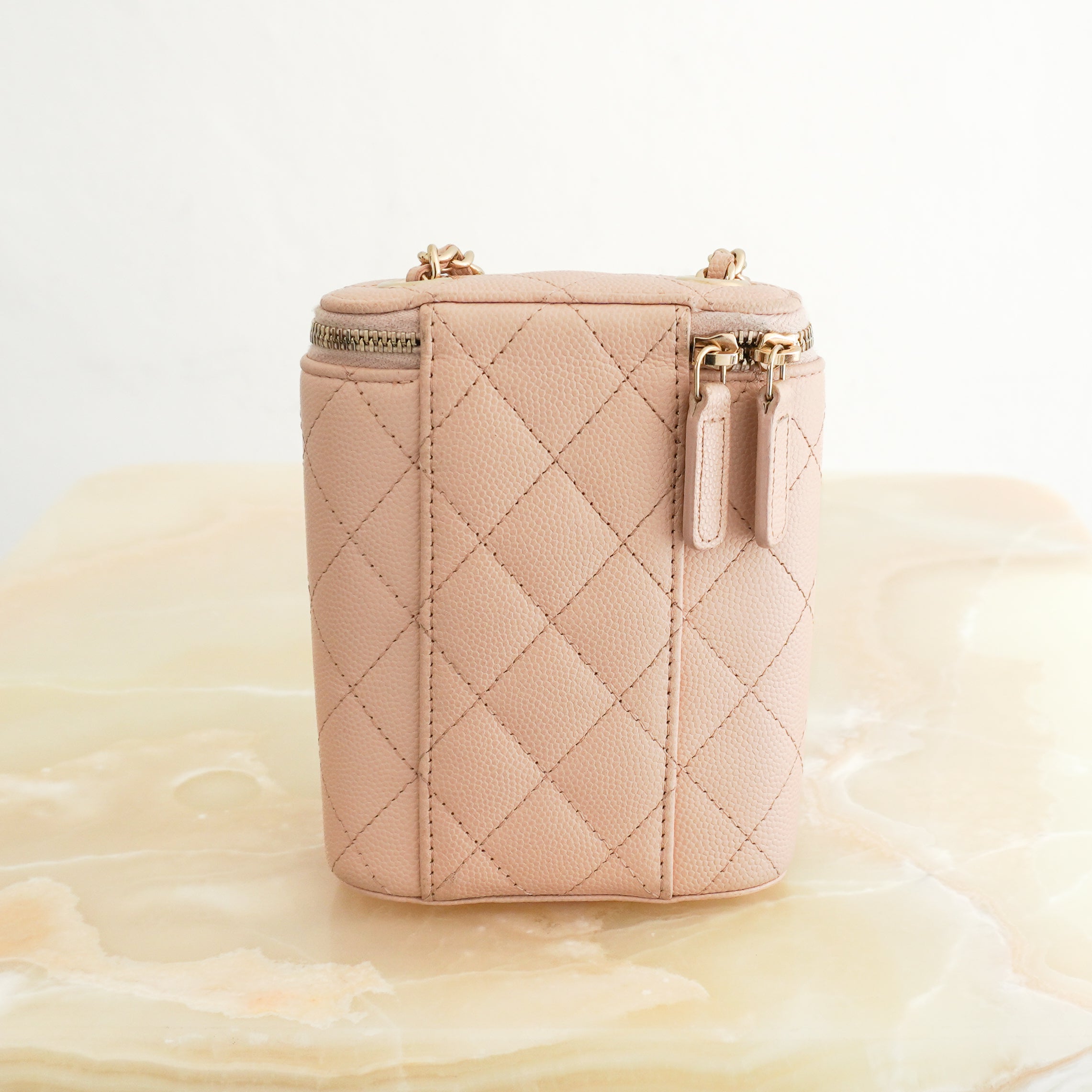 Chanel Caviar Quilted Small Vertical Vanity Case with Chain Beige Clair back photo chelsea london