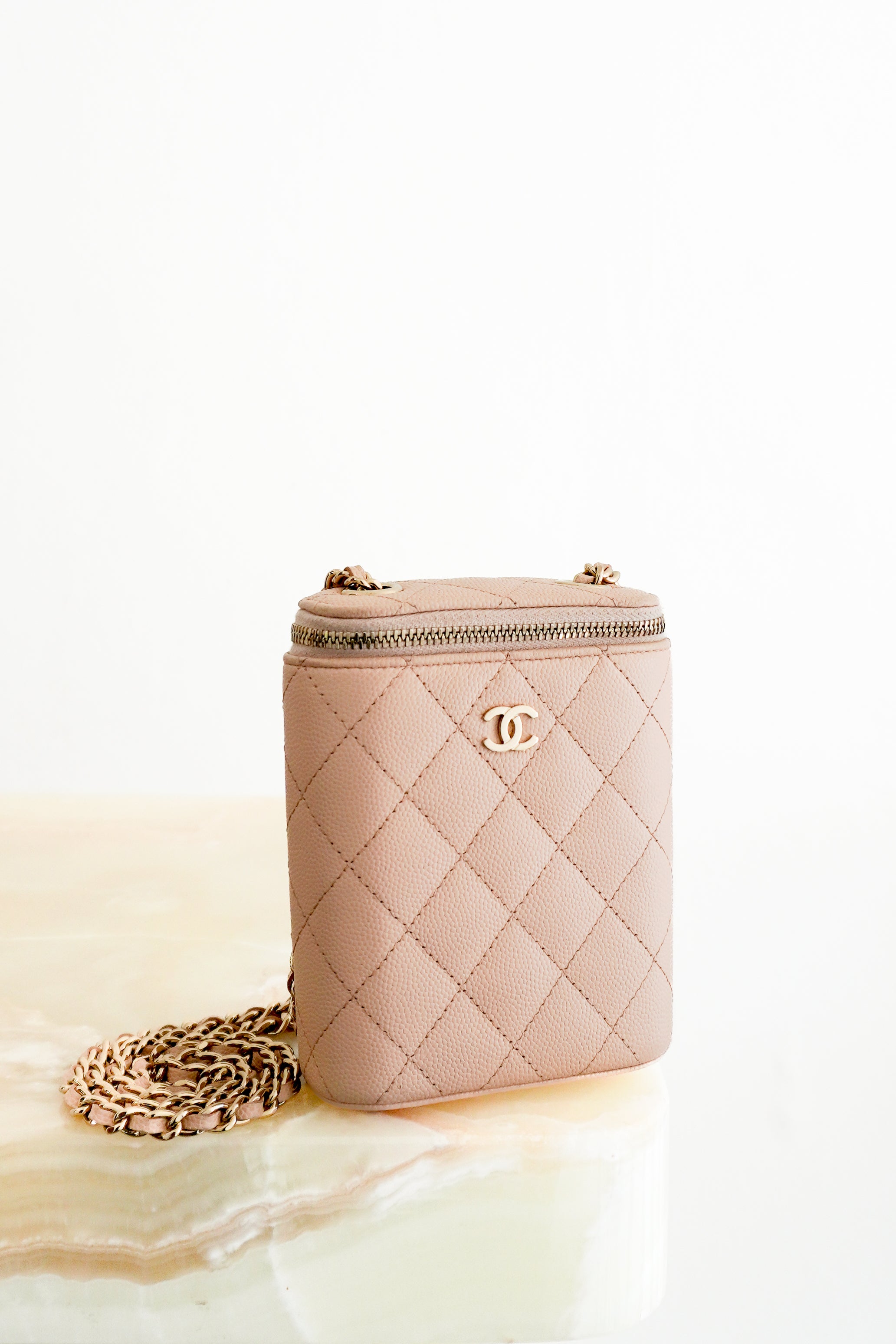 Chanel Caviar Quilted Small Vertical Vanity Case with Chain Beige Clair front photo chelsea london