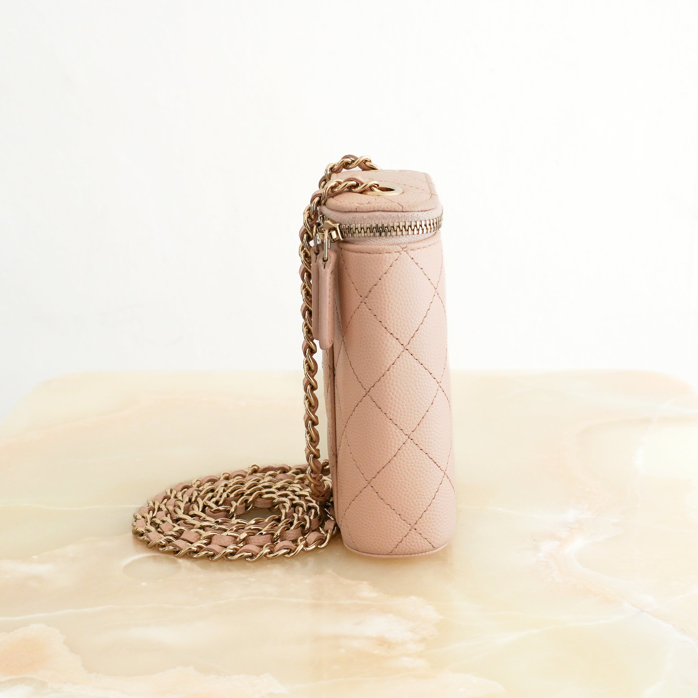 Chanel Caviar Quilted Small Vertical Vanity Case with Chain Beige Clair side photo chelsea london