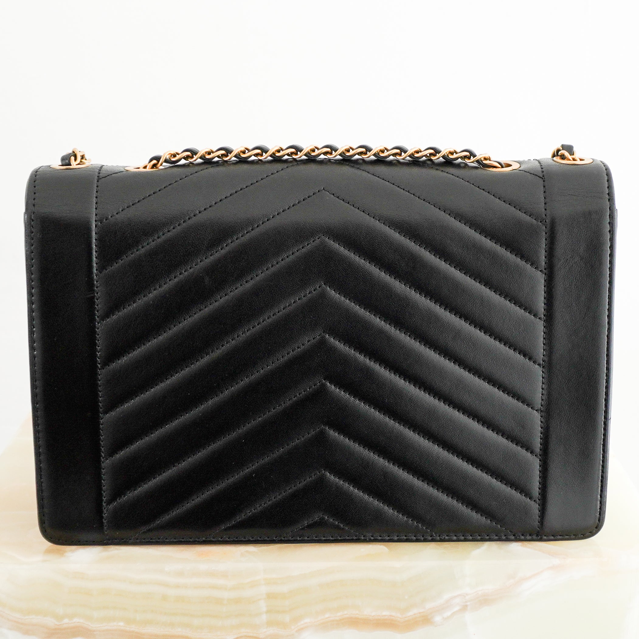 Chanel Chevron Flap Bag Black Lambskin Gold Hardware back photo chelsea london