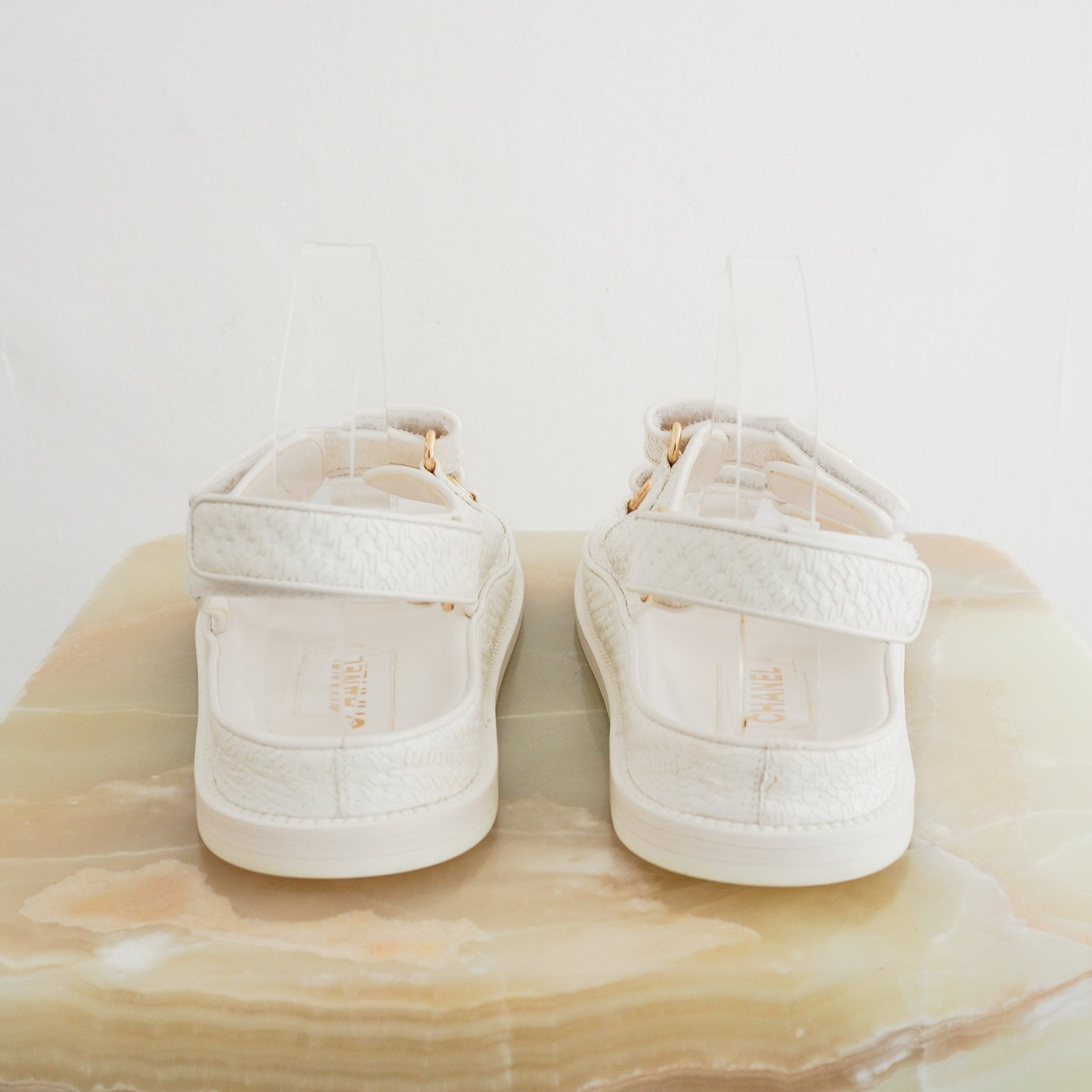 NEW Chanel Dad Sandals in White Textured Calfskin Leather (RRP £1140) | Authentic Preloved - Reloved Again