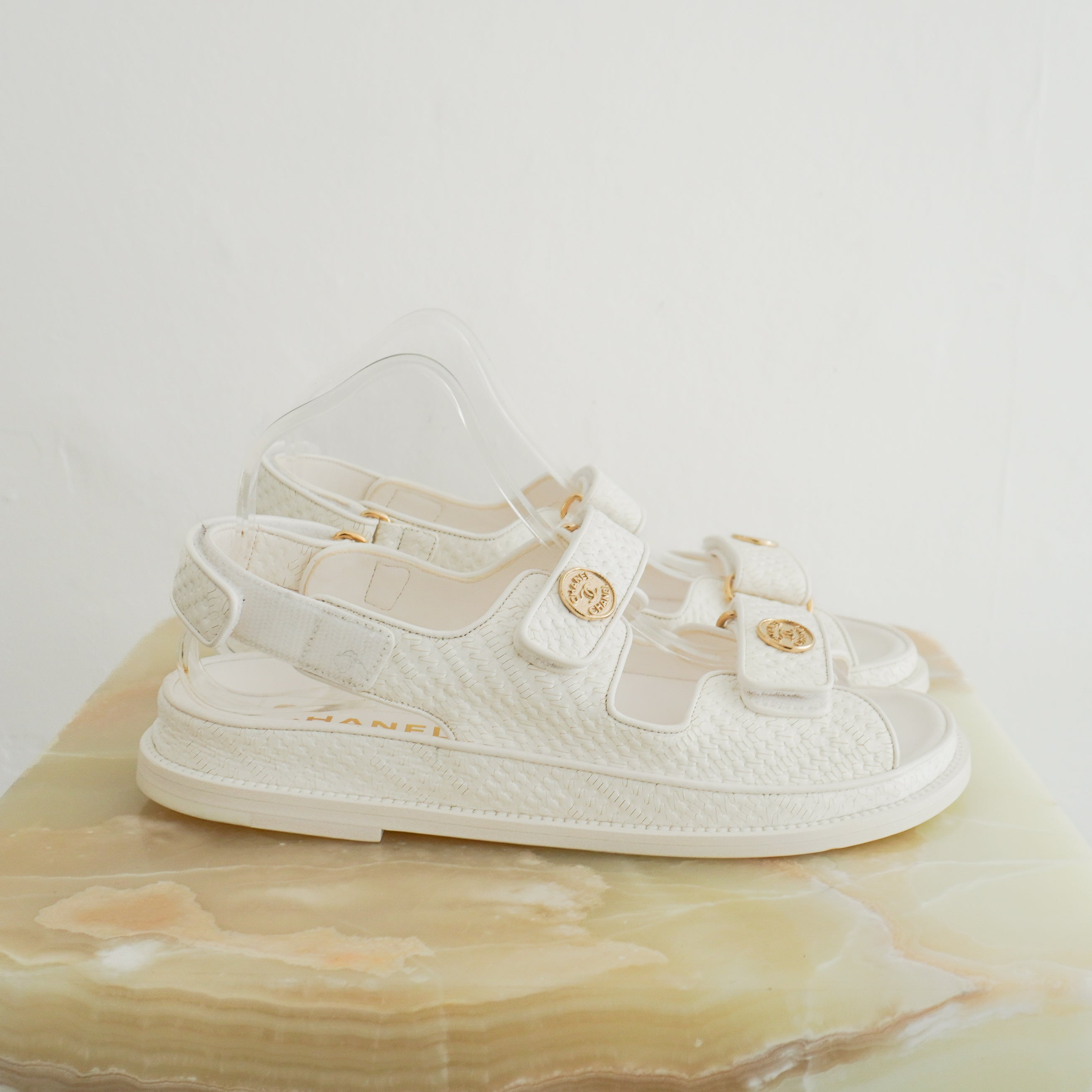 Chanel Dad Sandals White Textured Calfskin Leather &amp; Gold-Tone Metal G35927 side photo chelsea london