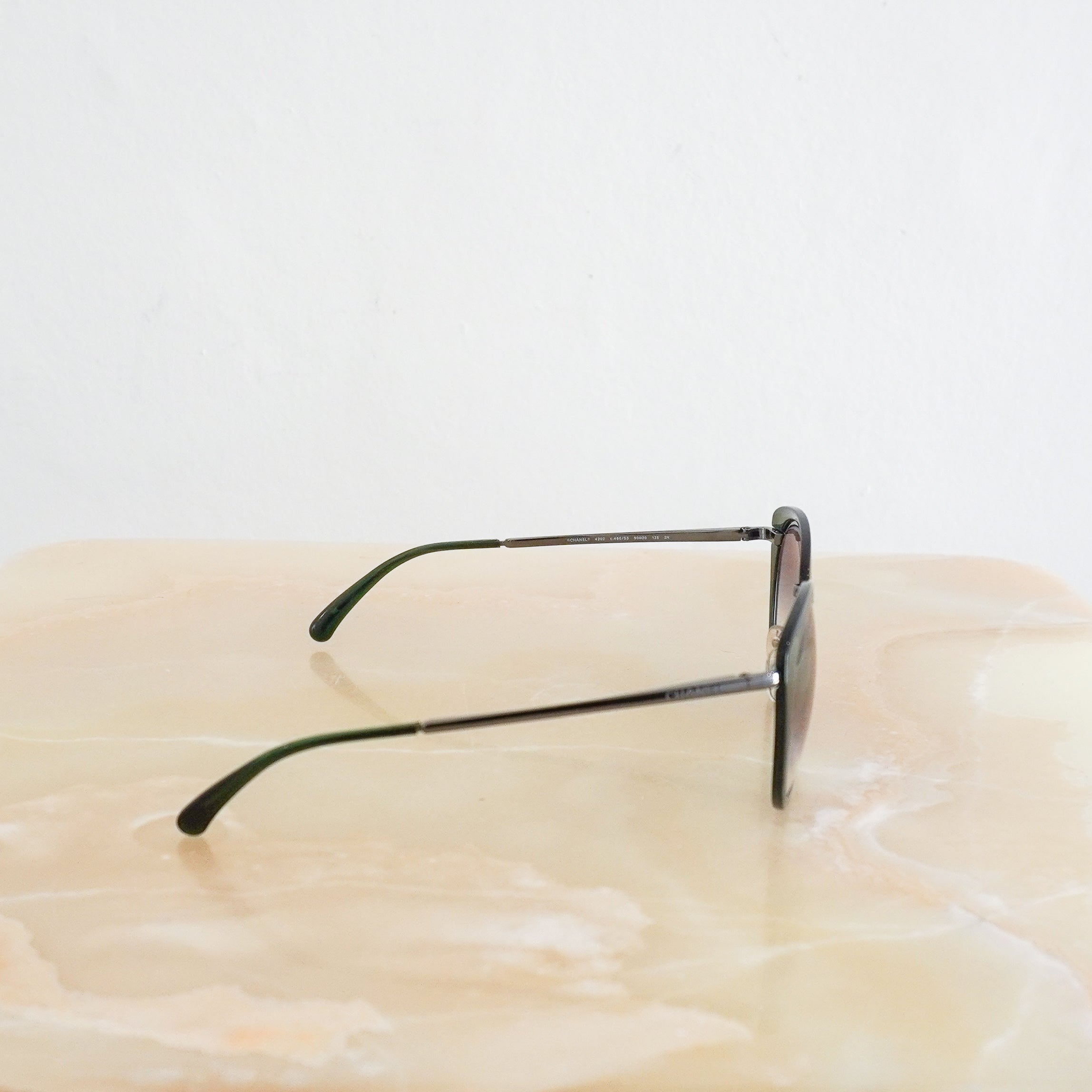 Chanel Green Cat Eye Sunglasses side photo chelsea london
