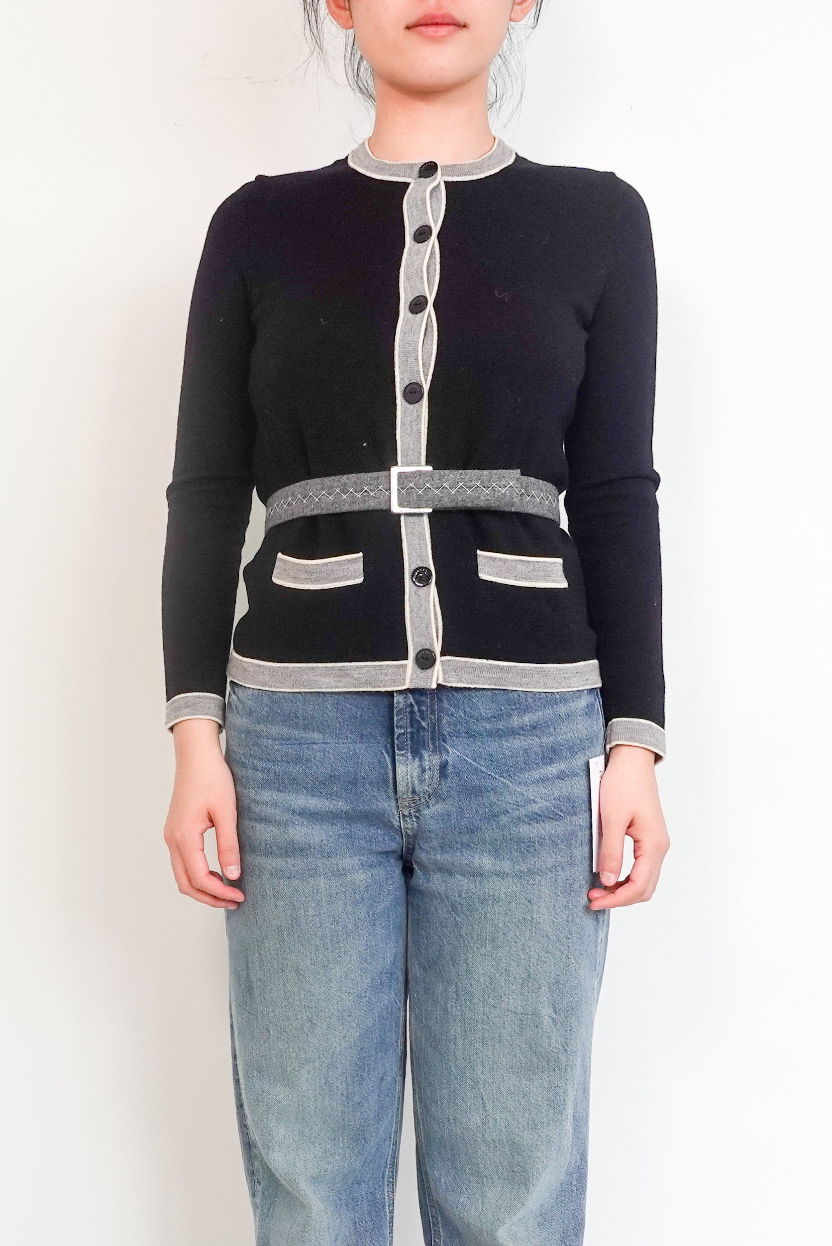 Chanel Grey & Black Belted Cardigan – Authentic Preloved Designer Knitwear RRP £1.7K | Authentic and Preloved