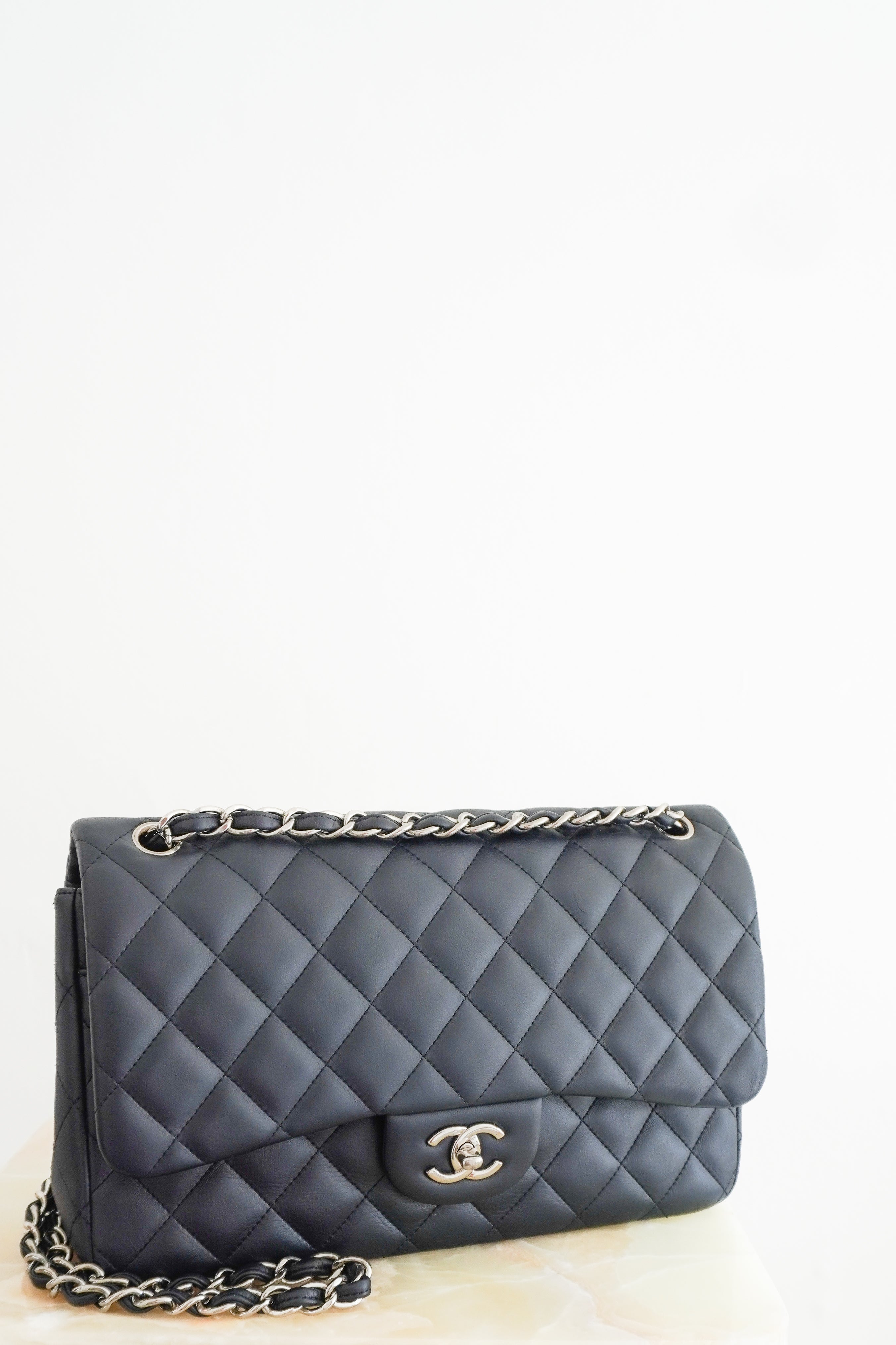 Chanel Large Classic Double Flap Bag Navy Lambskin with Silver Hardware front photo chelsea london