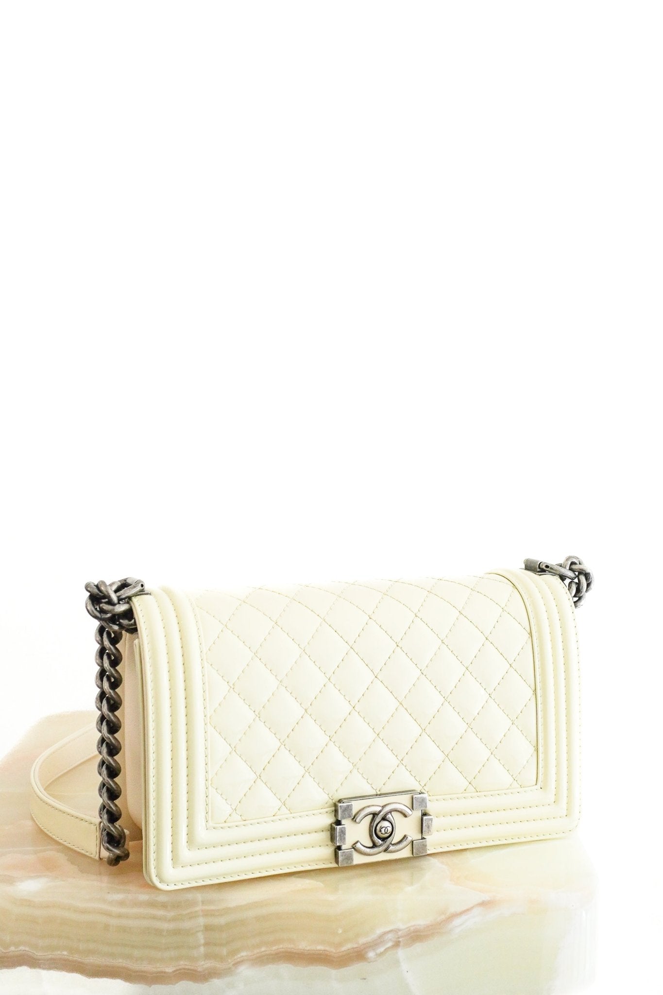 Chanel Medium Boy Flap Bag Cream Patent Leather (RRP £6000) | Authentic Preloved - Reloved Again