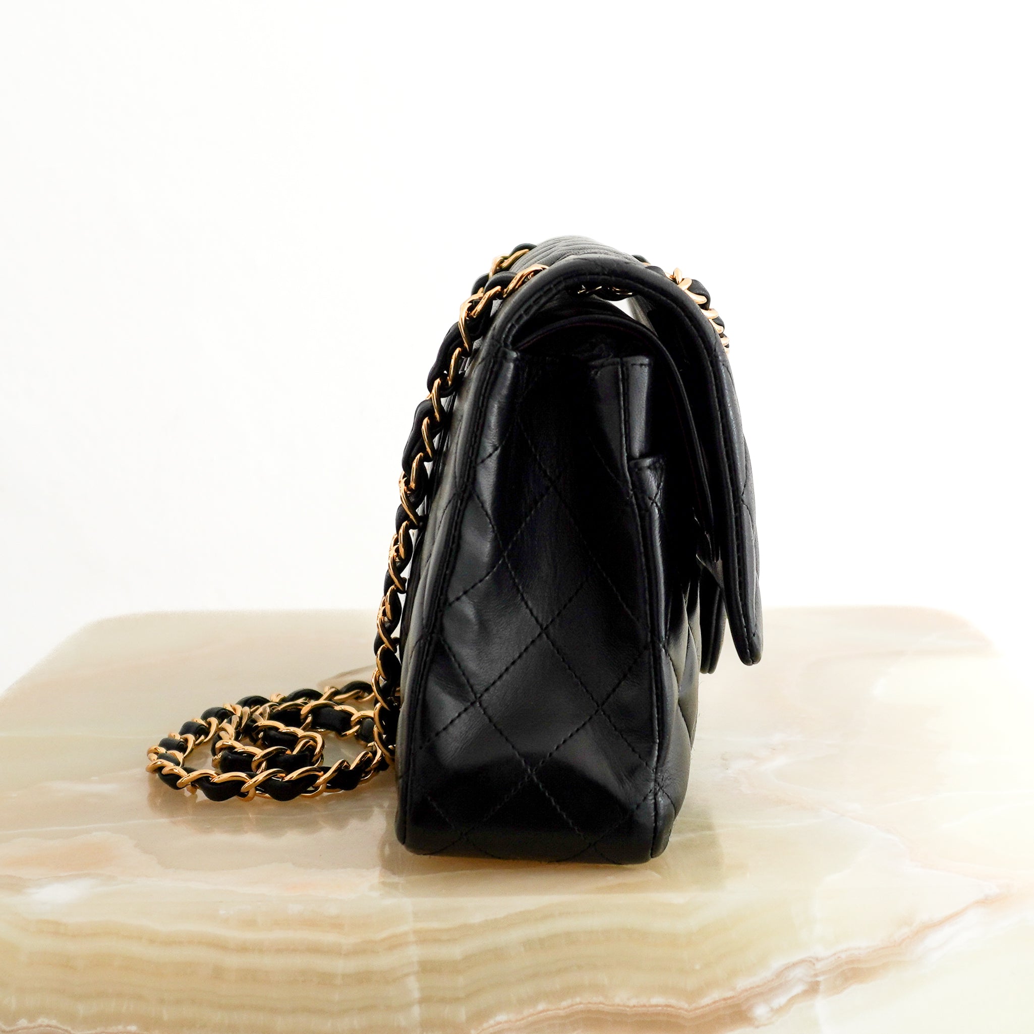 Chanel Medium Classic 11.12 Double Flap Bag Black Lambskin Gold Hardware side photo chelsea london