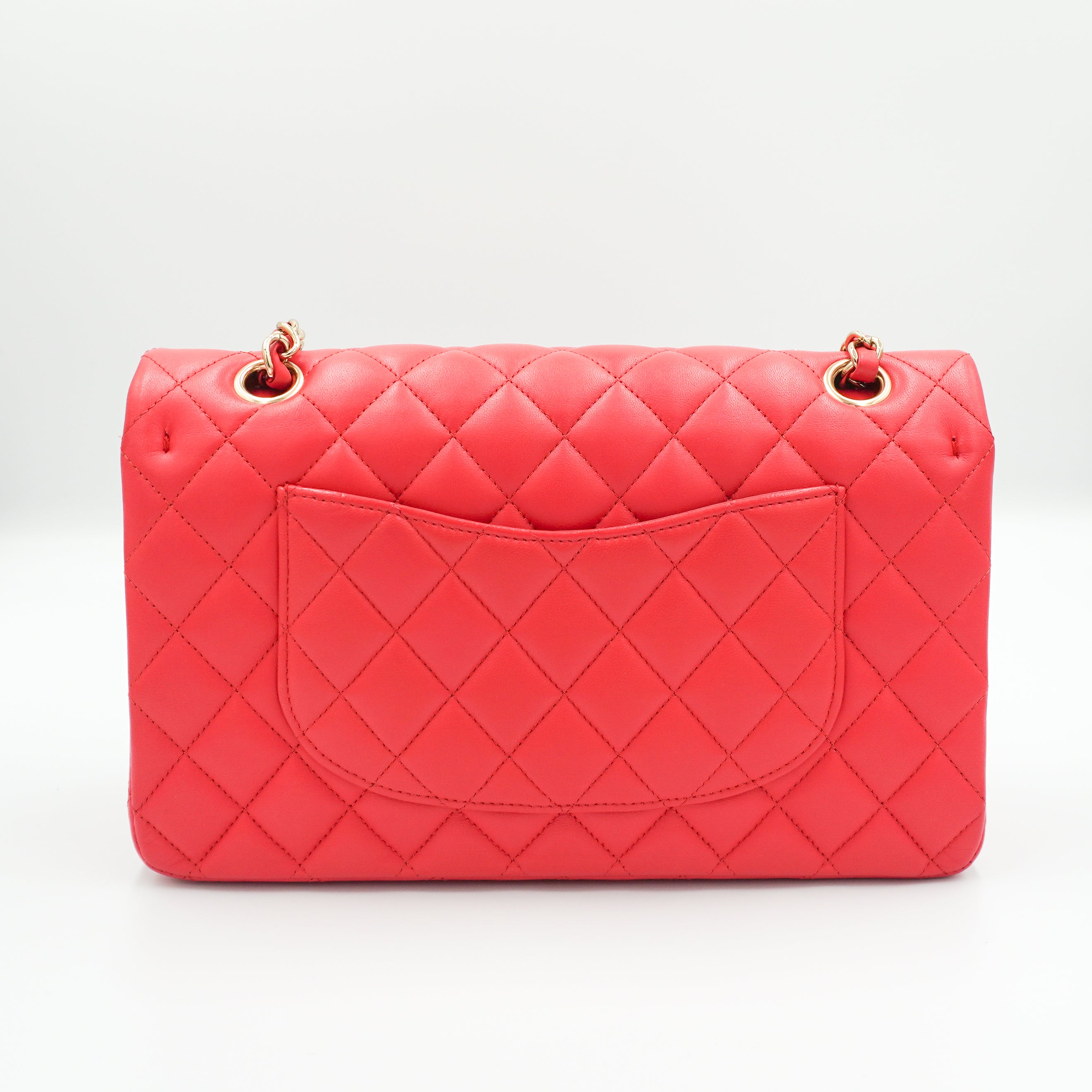 Chanel Medium Classic 11.12 Double Flap Bag Coral Quilted Lambskin Gold Hardware back photo chelsea london