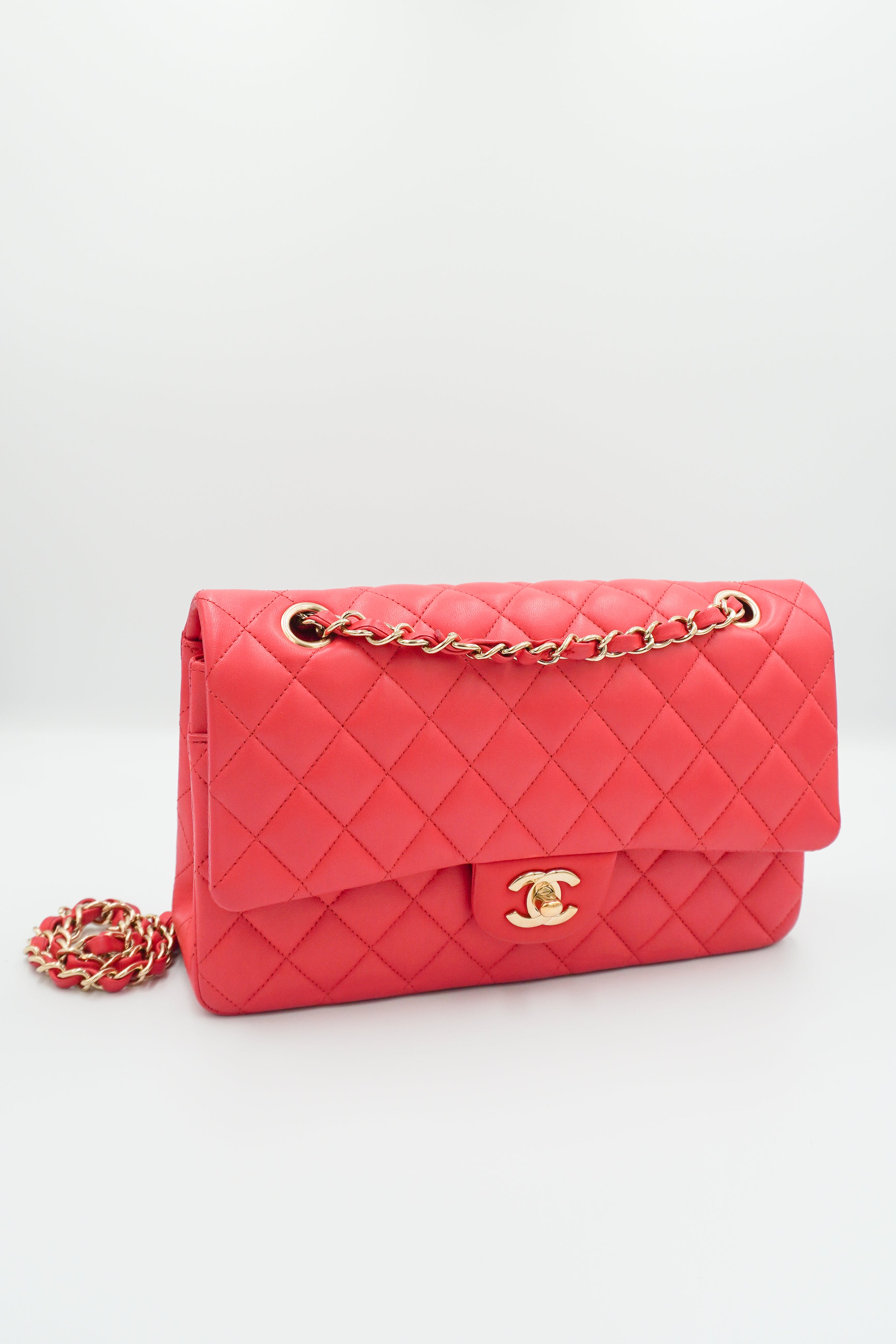 Chanel Medium Classic 11.12 Double Flap Bag Coral Quilted Lambskin Gold Hardware front photo chelsea london
