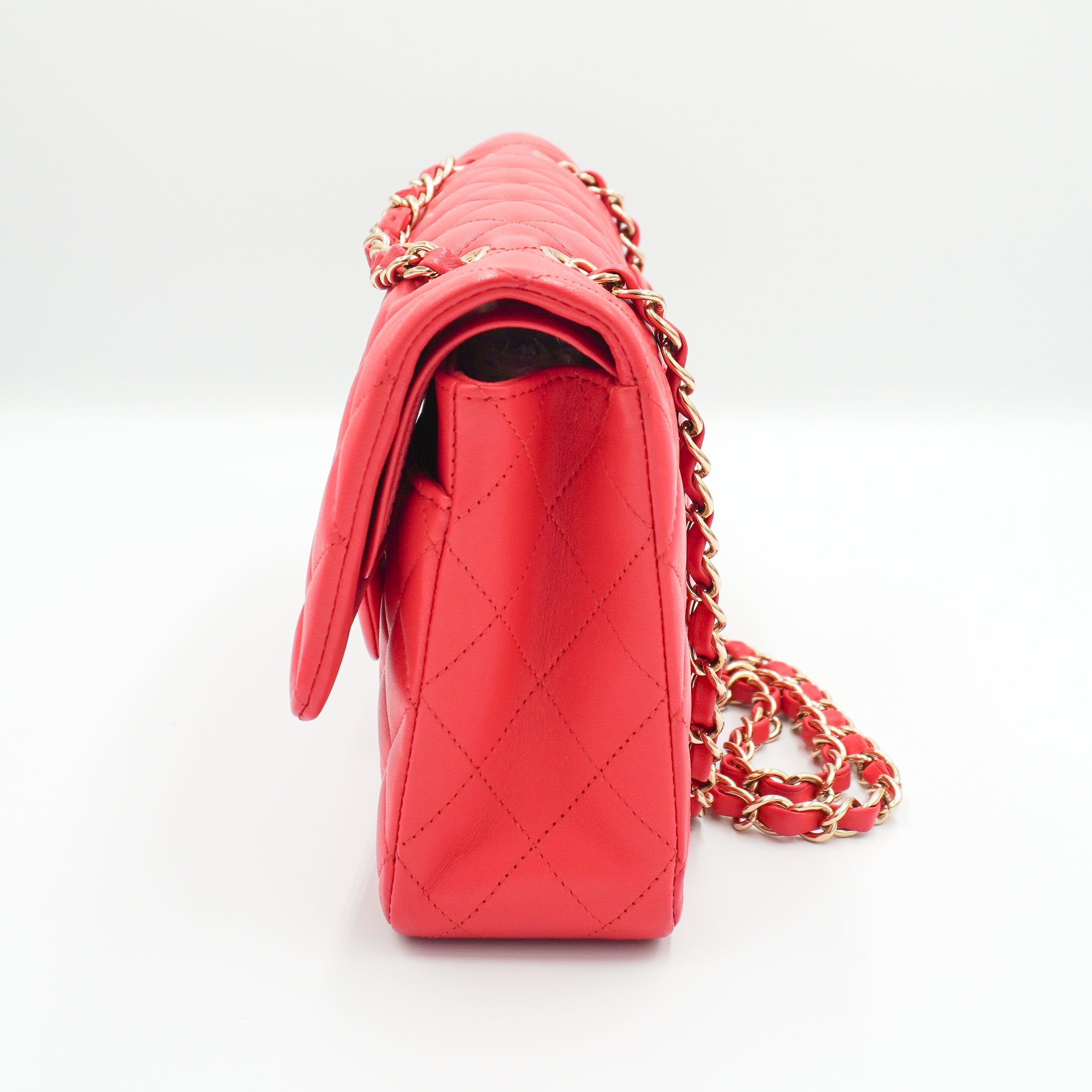 Chanel Medium Classic 11.12 Double Flap Bag Coral Quilted Lambskin Gold Hardware left photo chelsea london