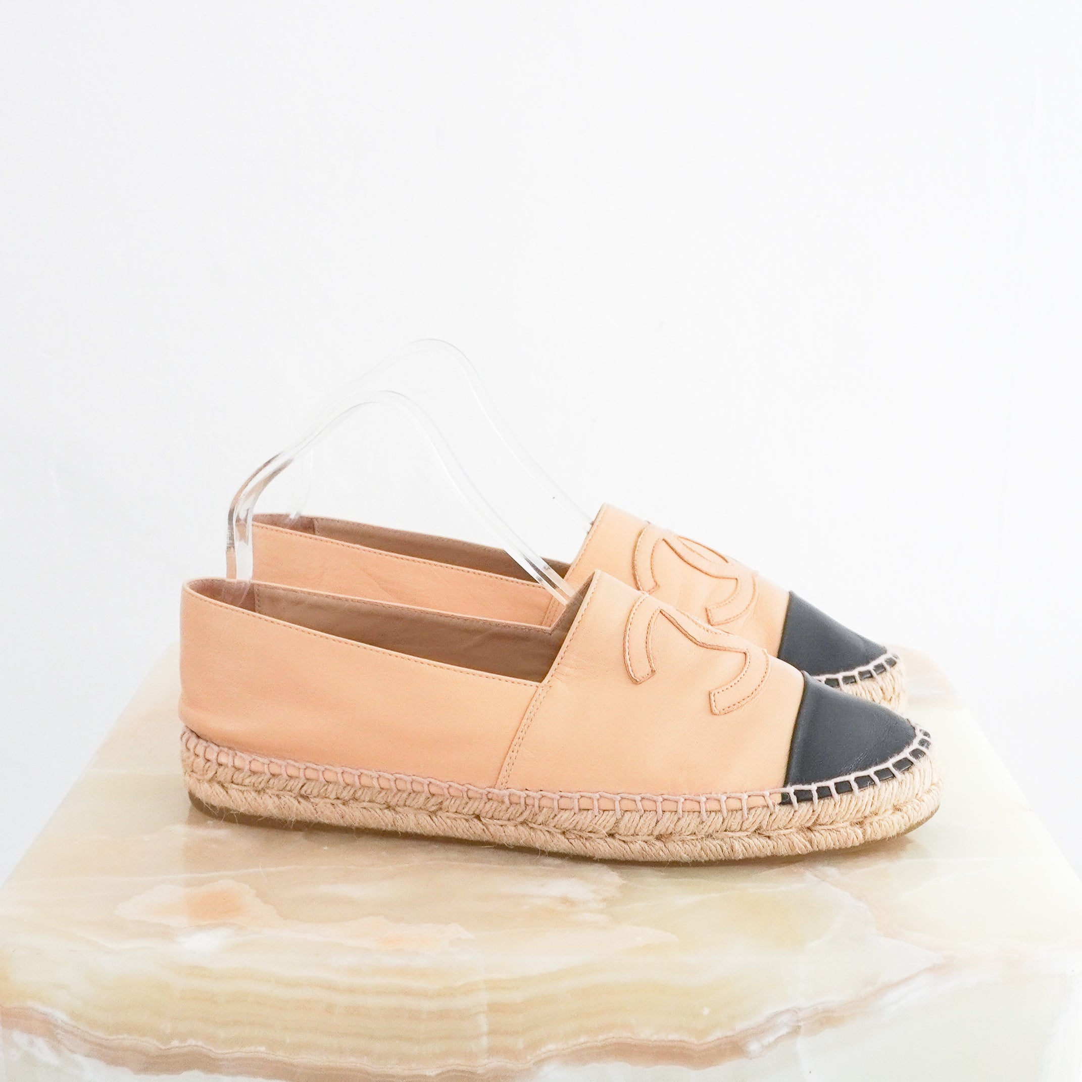 Side photo Chanel Nude Leather CC Espadrilles front picture Chelsea London