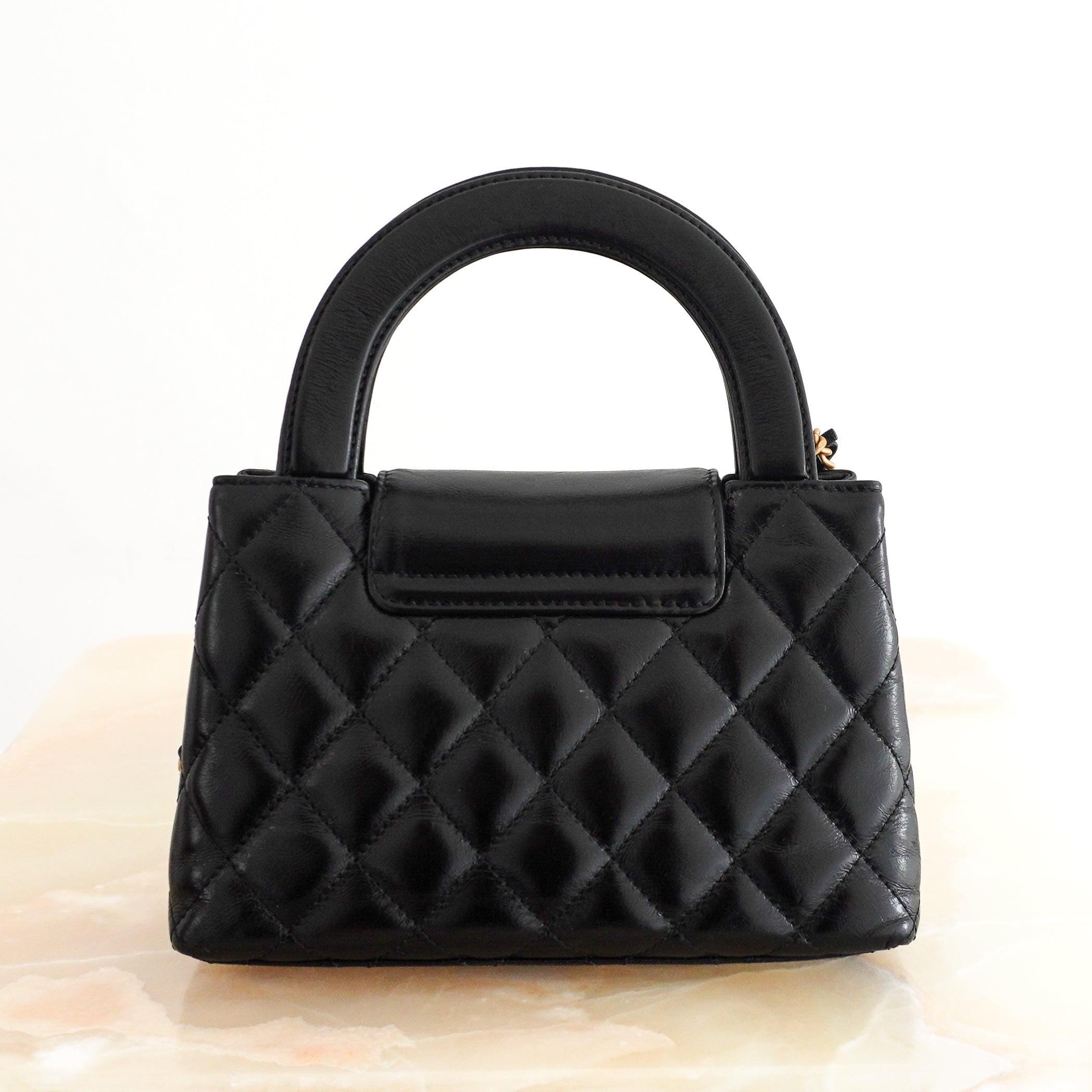 Chanel Petite Shopping Tote Bag Black Quilted Lambskin Gold Hardware back photo chelsea london
