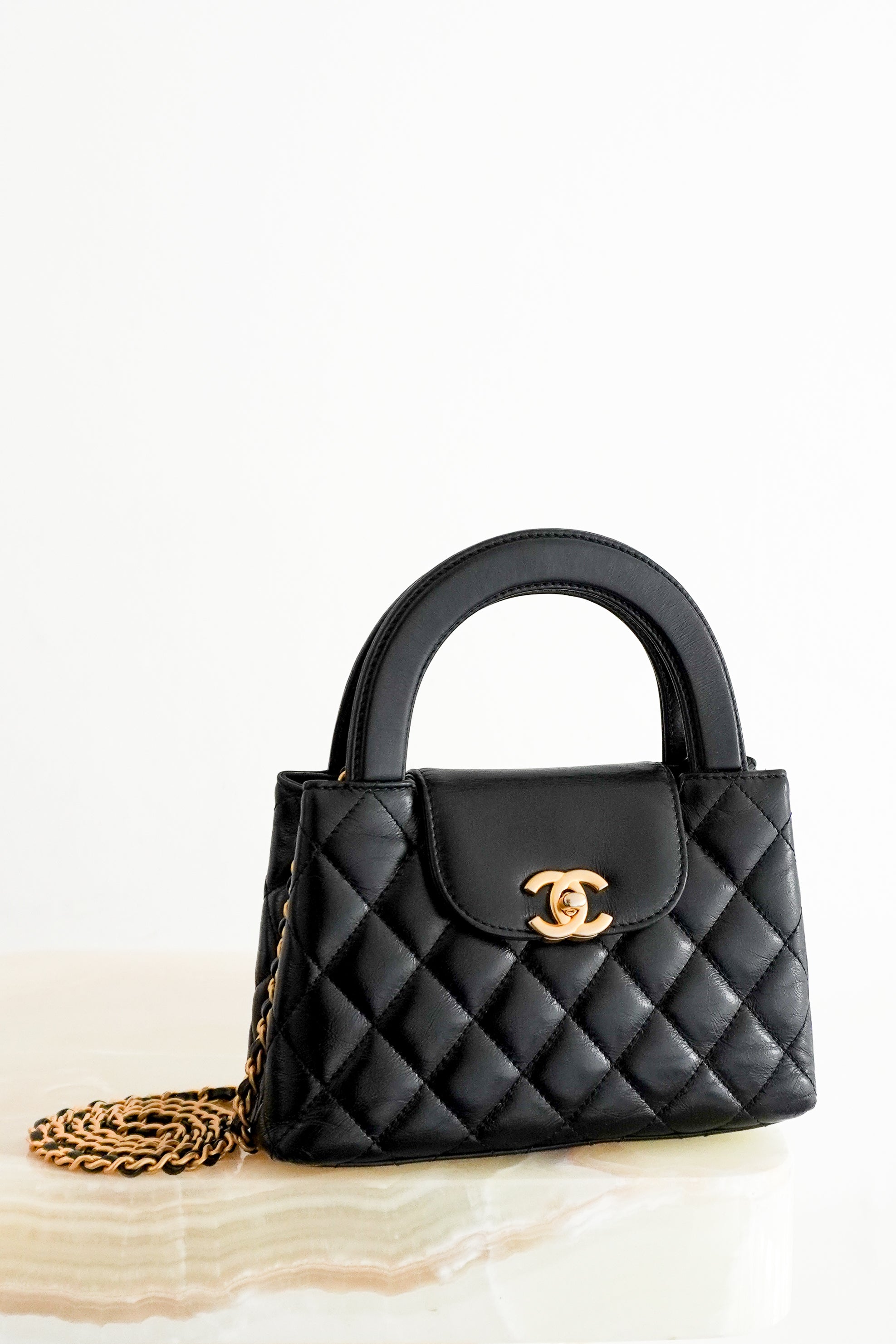 Chanel Petite Shopping Tote Bag Black Quilted Lambskin Gold Hardware front photo chelsea london