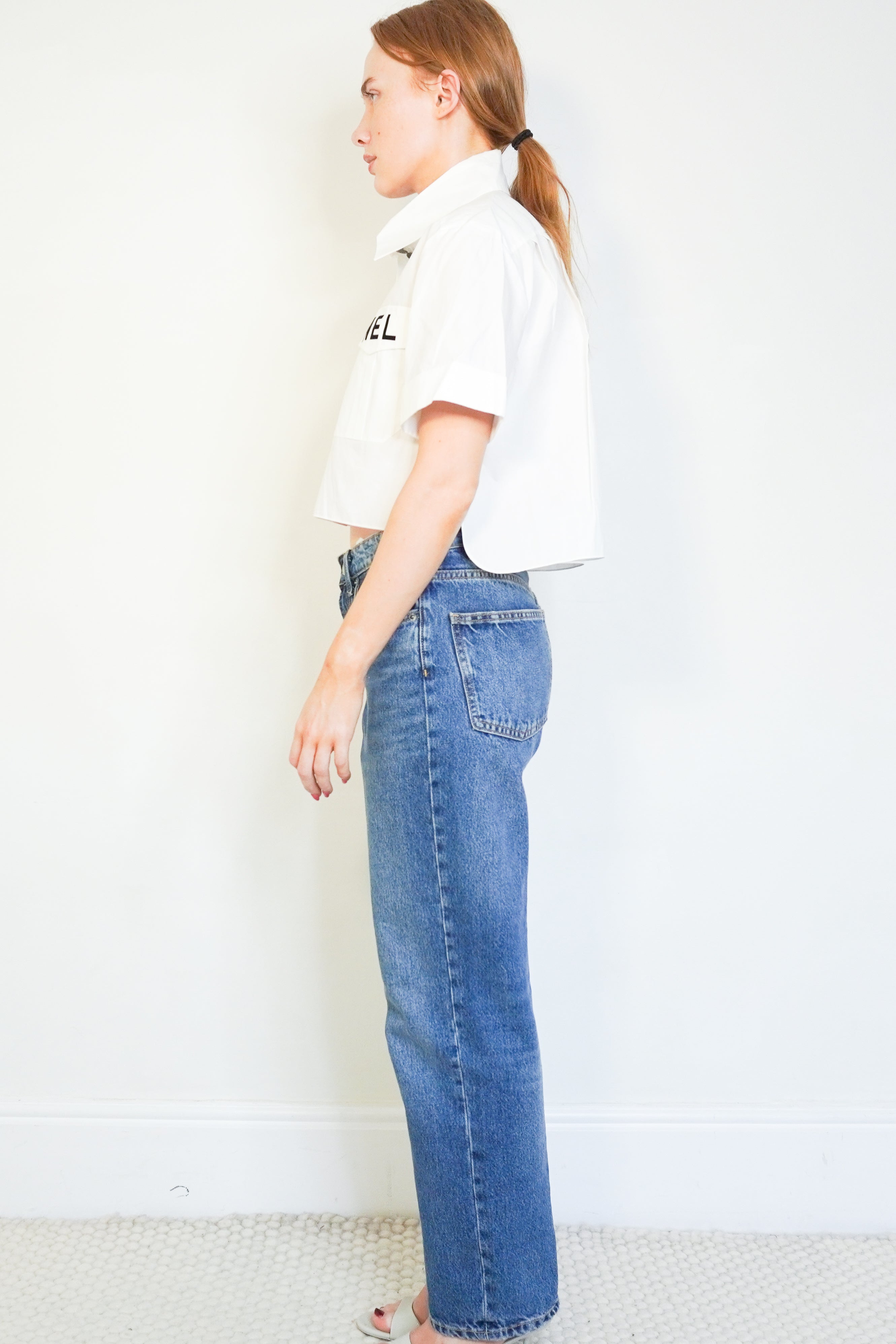 Chanel Spring/Summer 2019 White Cotton Beach Letter Cropped Shirt side photo chelsea london