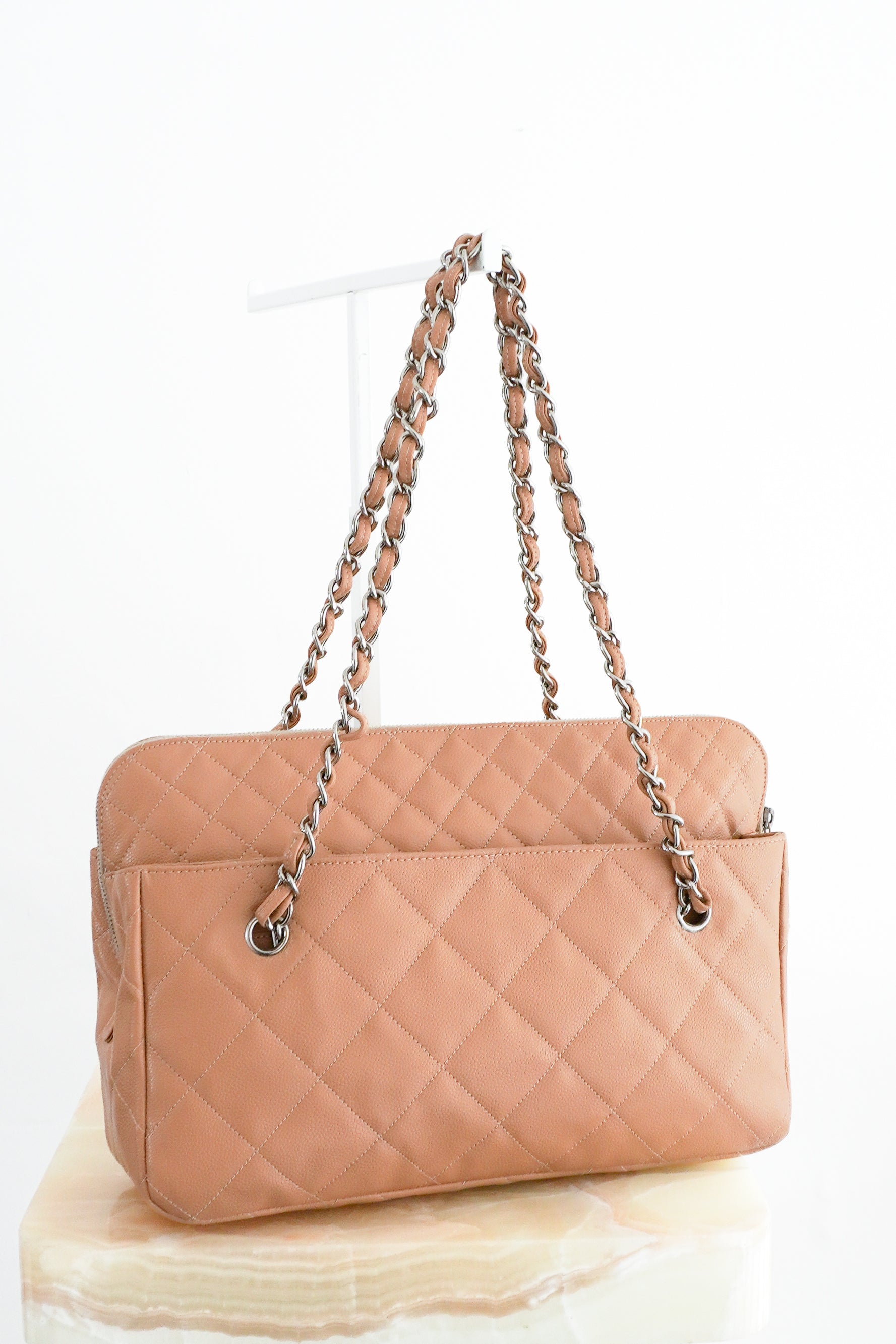 Chanel Vintage Beige Quilted Caviar Leather Zip Top Shoulder Bag front photo chelsea london