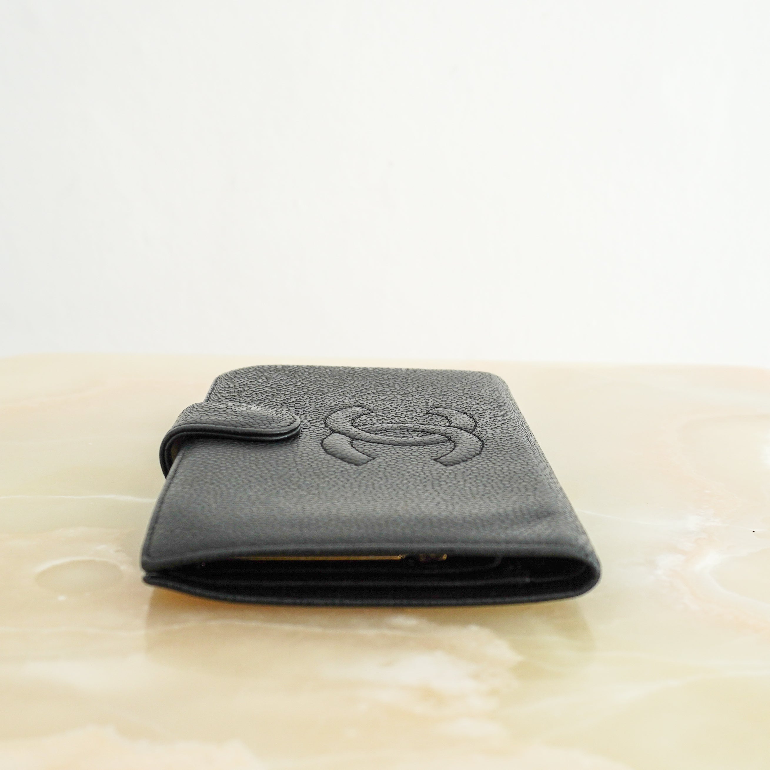 Chanel Vintage Black Caviar CC Long Bifold Wallet side photo chelsea london