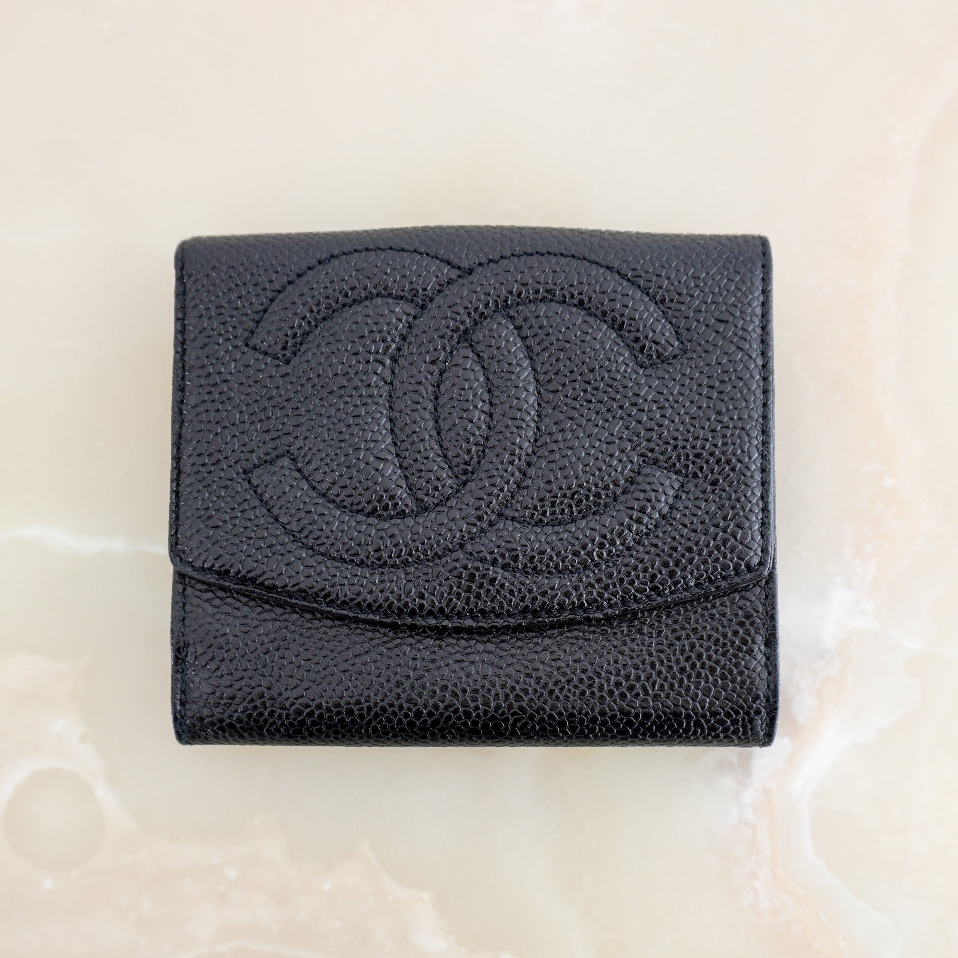 Chanel Vintage Black Caviar Timeless CC Flap Wallet close photo chelsea london