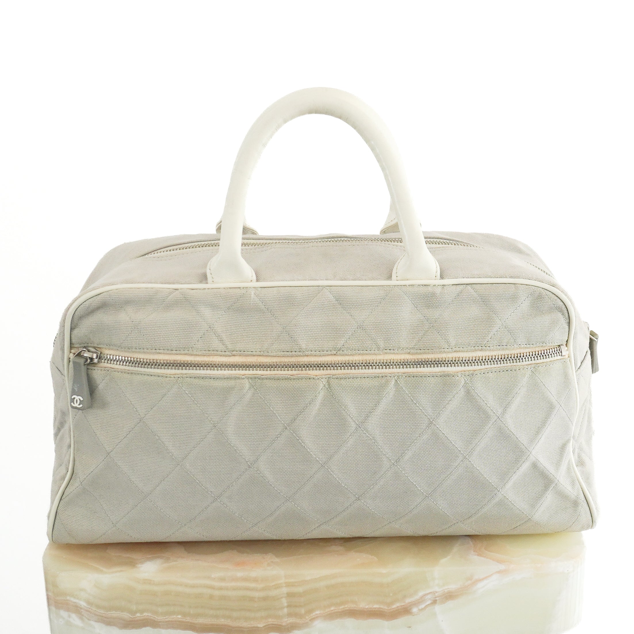 Chanel Vintage Sports Line Quilted Grey Canvas Bowling Bag back photo chelsea london