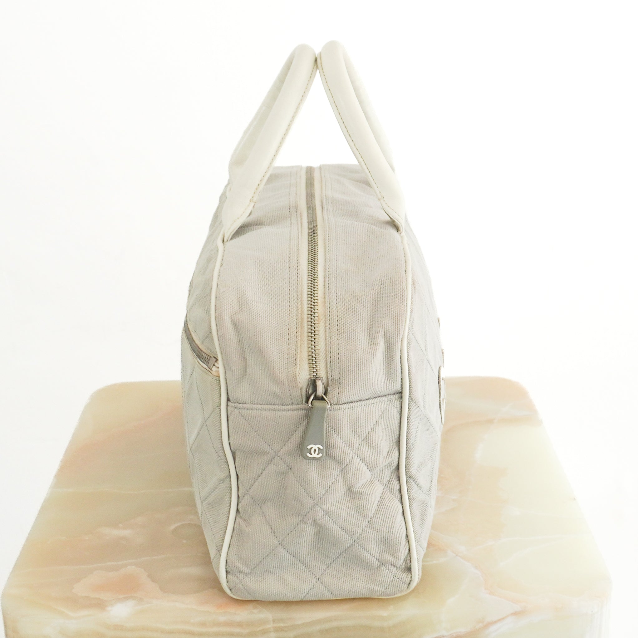 Chanel Vintage Sports Line Quilted Grey Canvas Bowling Bag side photo chelsea london