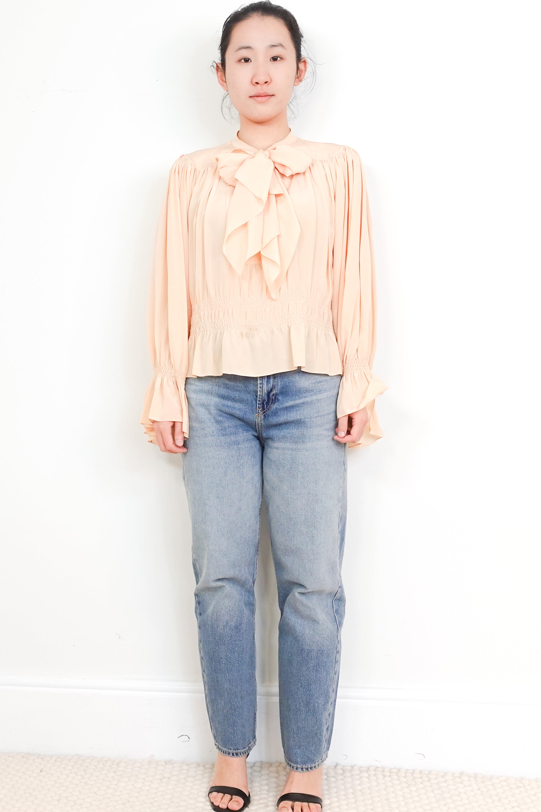 Chloe-Sandy-Beige-Ruched-Silk-Pussy-Bow-Blouse-front-picture-Chelsea-London