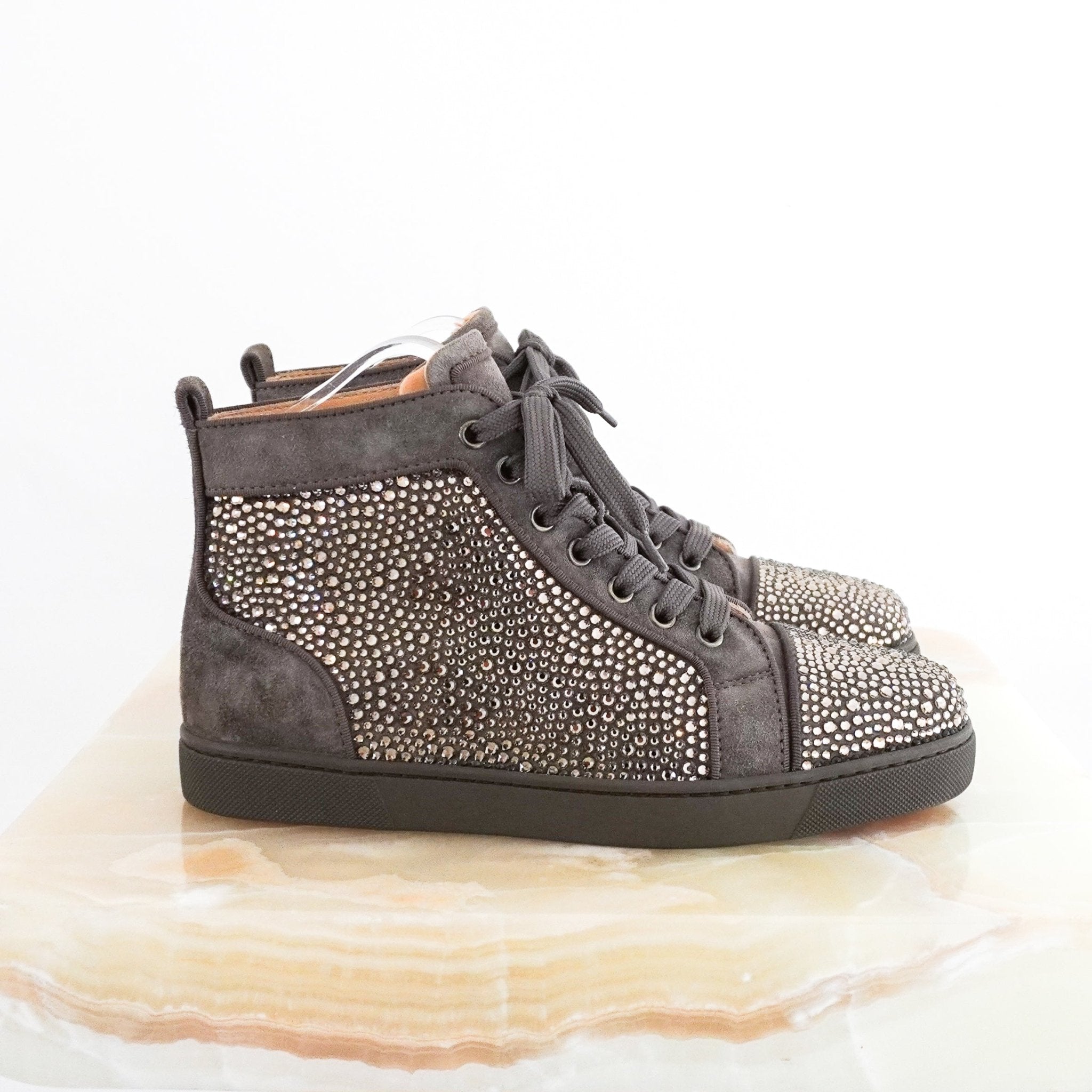 NEW Christian Louboutin Grey Louis Crystal Embellished Trainers RRP £300 | Authentic Preloved - Reloved Again
