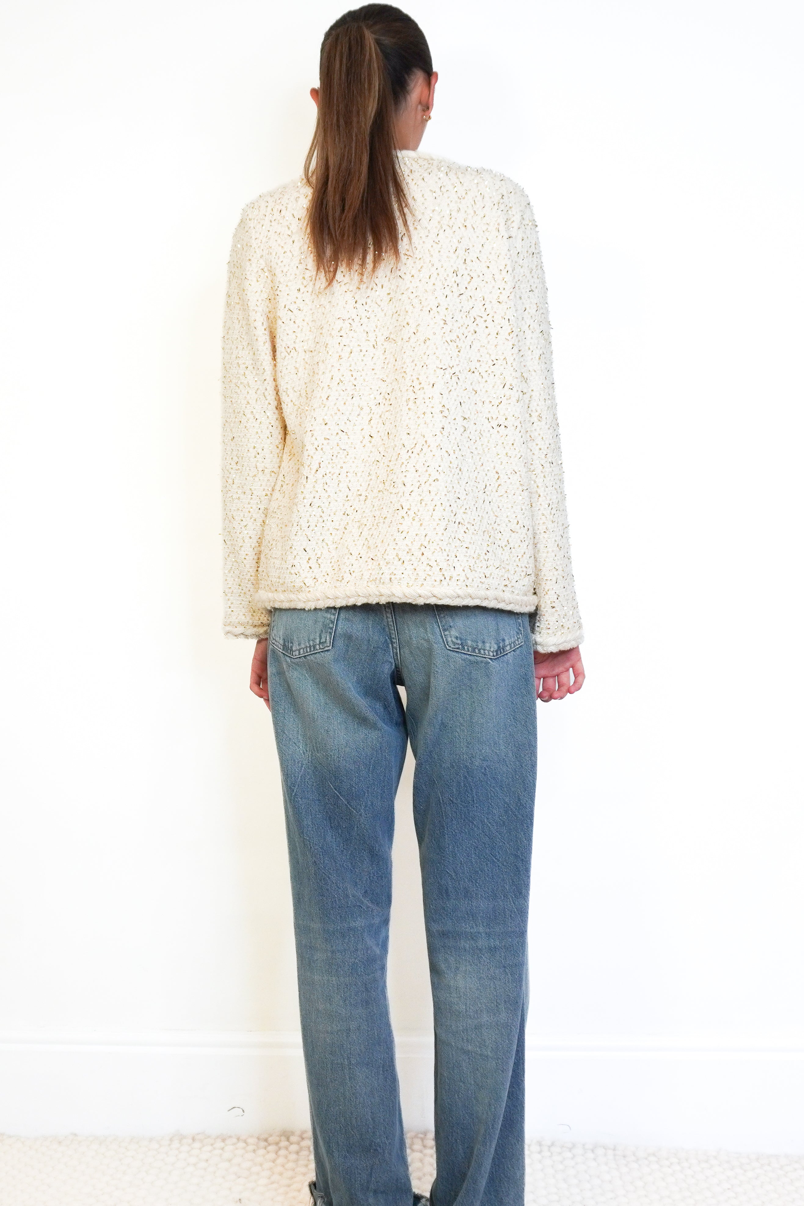 Claudie Pierlot Millenium Ecru & Gold Glittery Tweed Jacket back photo chelsea london
