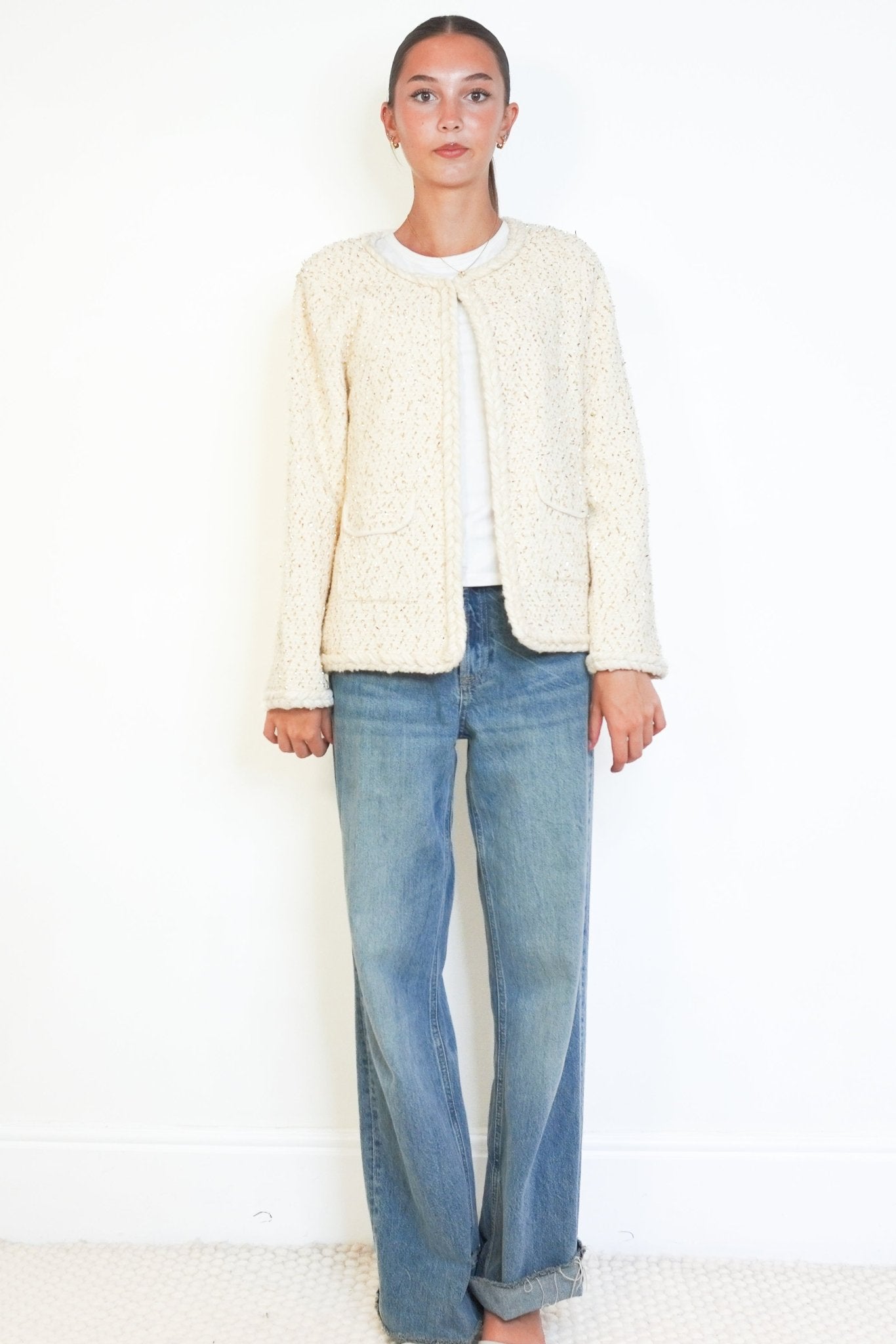 Claudie Pierlot Millenium Ecru & Gold Glittery Tweed Jacket (RRP £250) | Authentic Preloved - Reloved Again