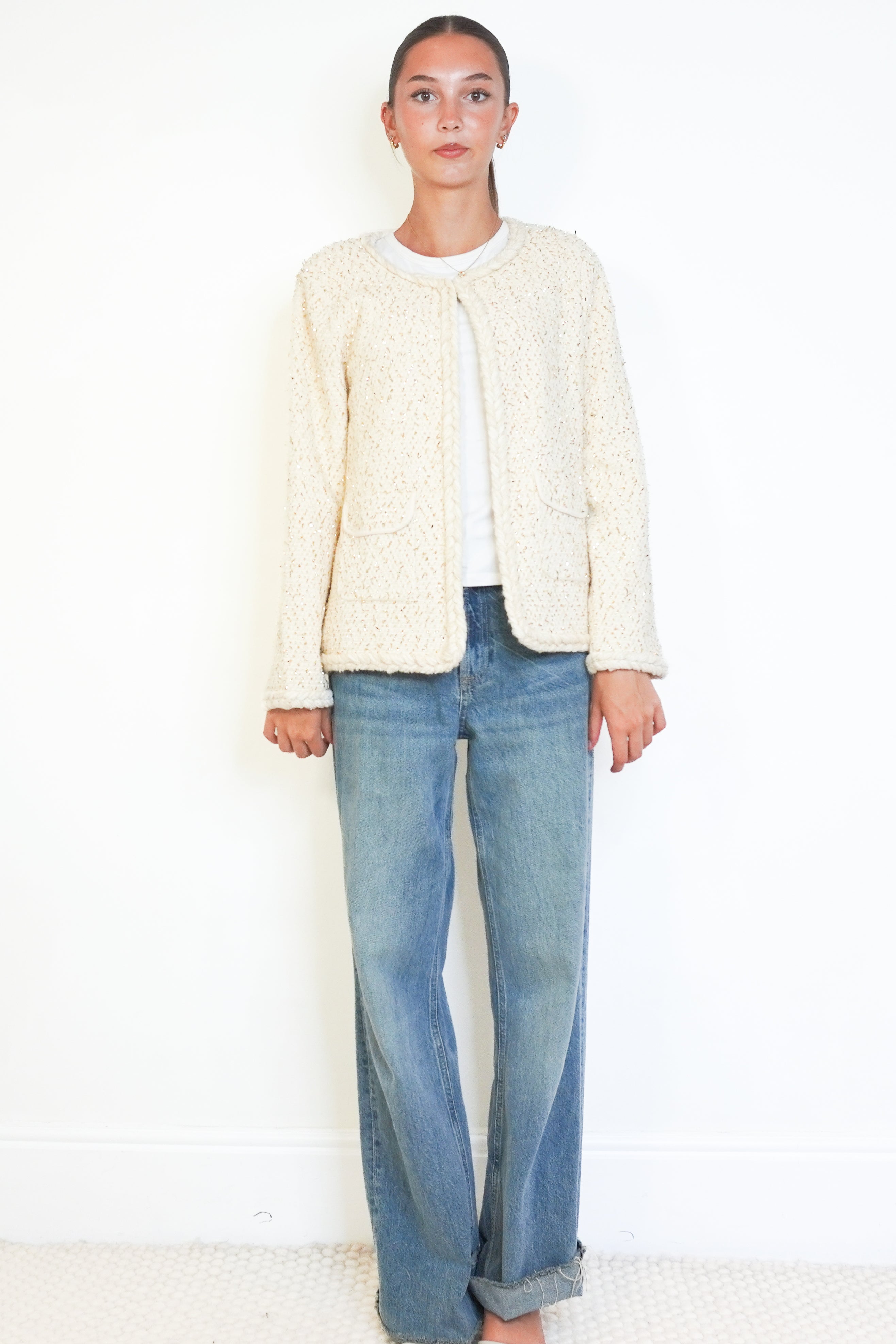 Claudie Pierlot Millenium Ecru & Gold Glittery Tweed Jacket front photo chelsea london