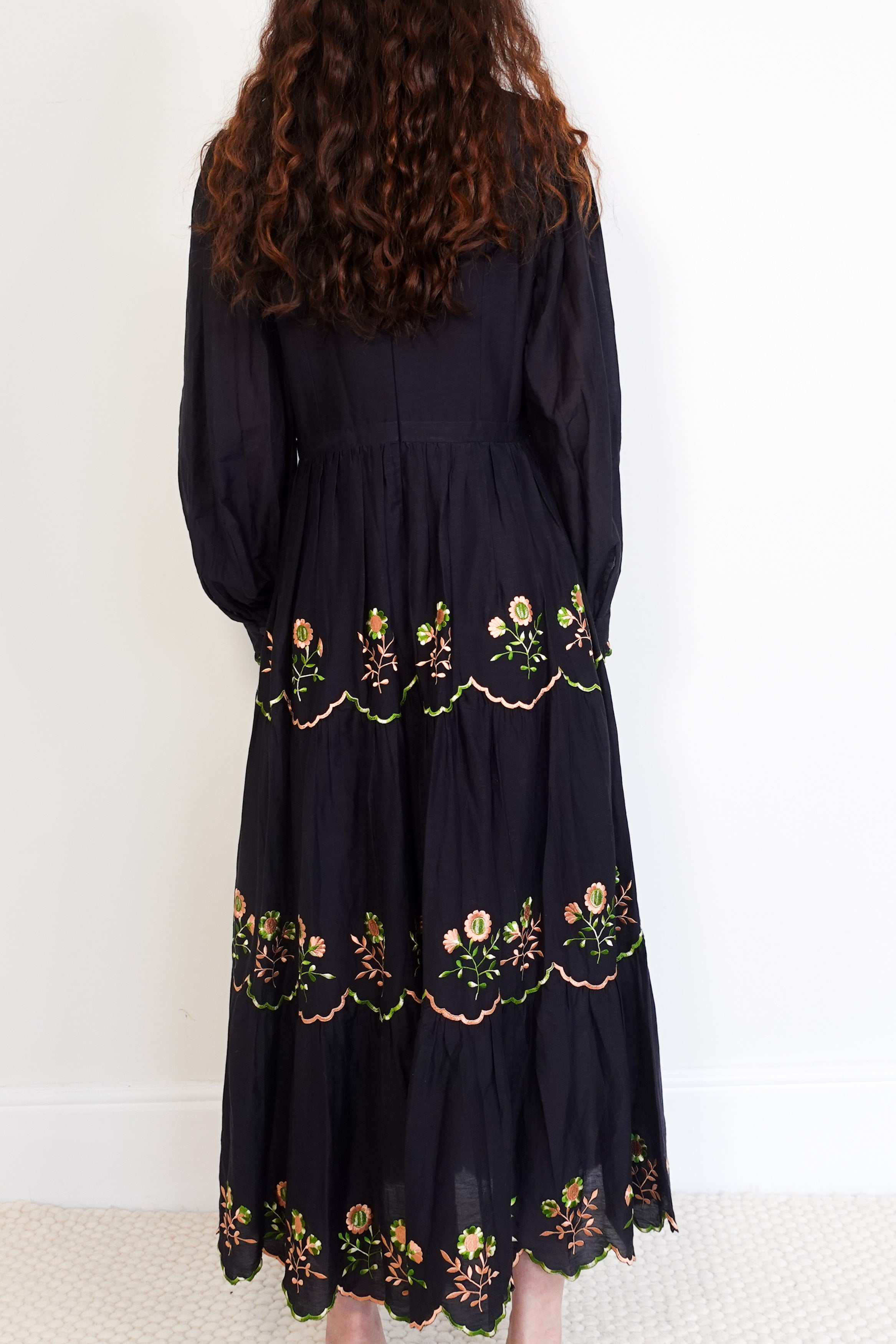 Black cotton midi dress with embroidery