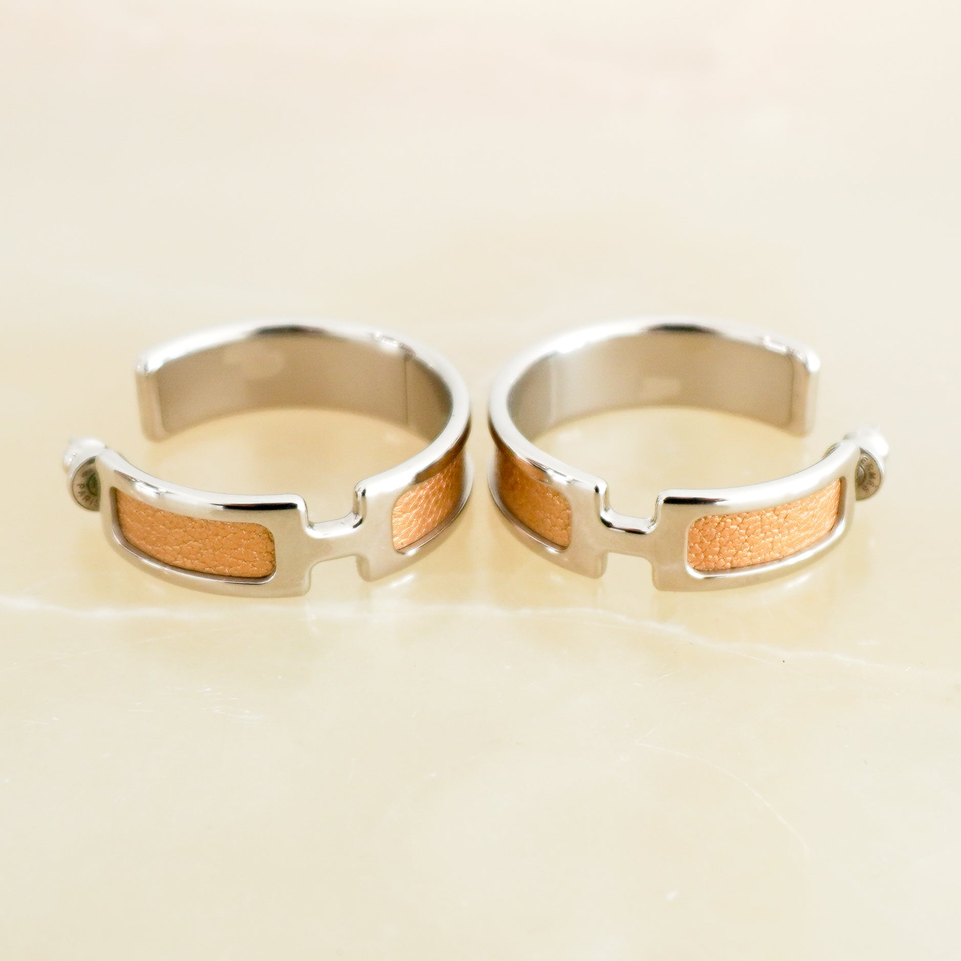 Hermès Olympe Earrings in Palladium-Plated Metal & Doré Metallic Leather (RRP £660) | Authentic Preloved FINAL SALE