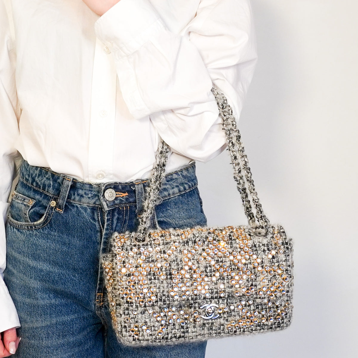 Chanel Grey Mohair Tweed Swarovski Crystal Medium Single Flap Bag | Authentic Preloved