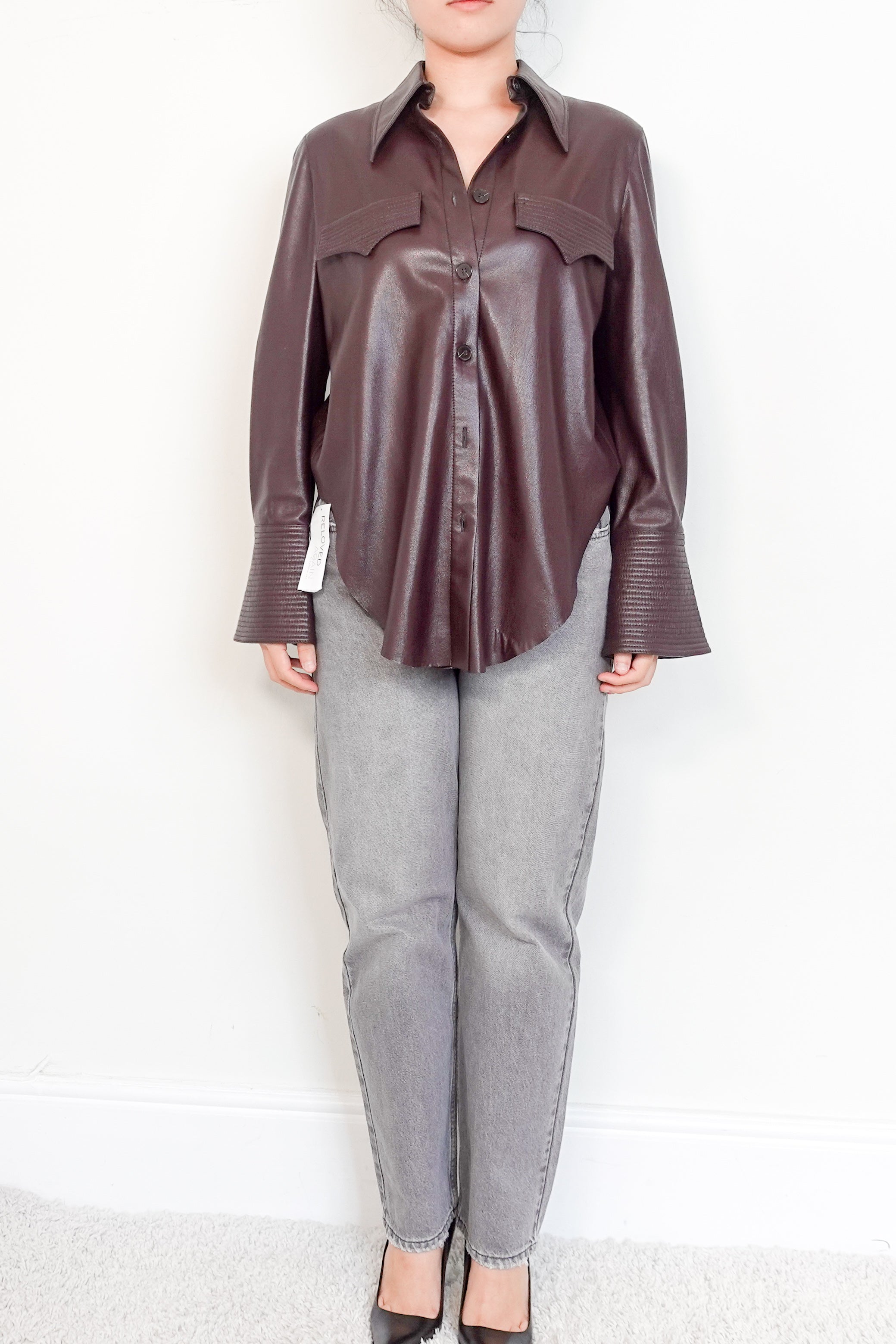 Nanushka Pleather Burgundy button up Shirt RRP £468 | Authentic Preloved