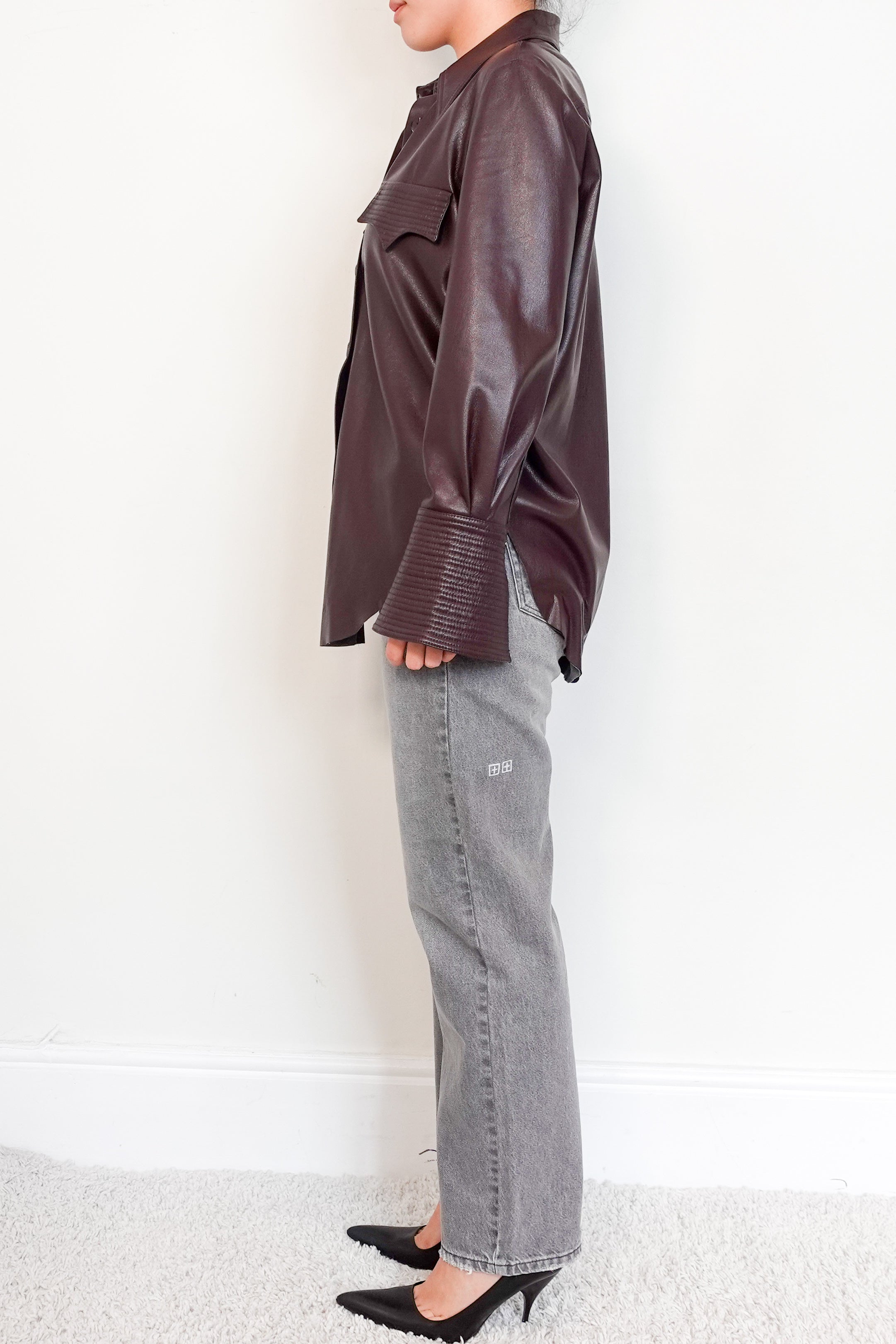 Nanushka Pleather Burgundy button up Shirt RRP £468 | Authentic Preloved