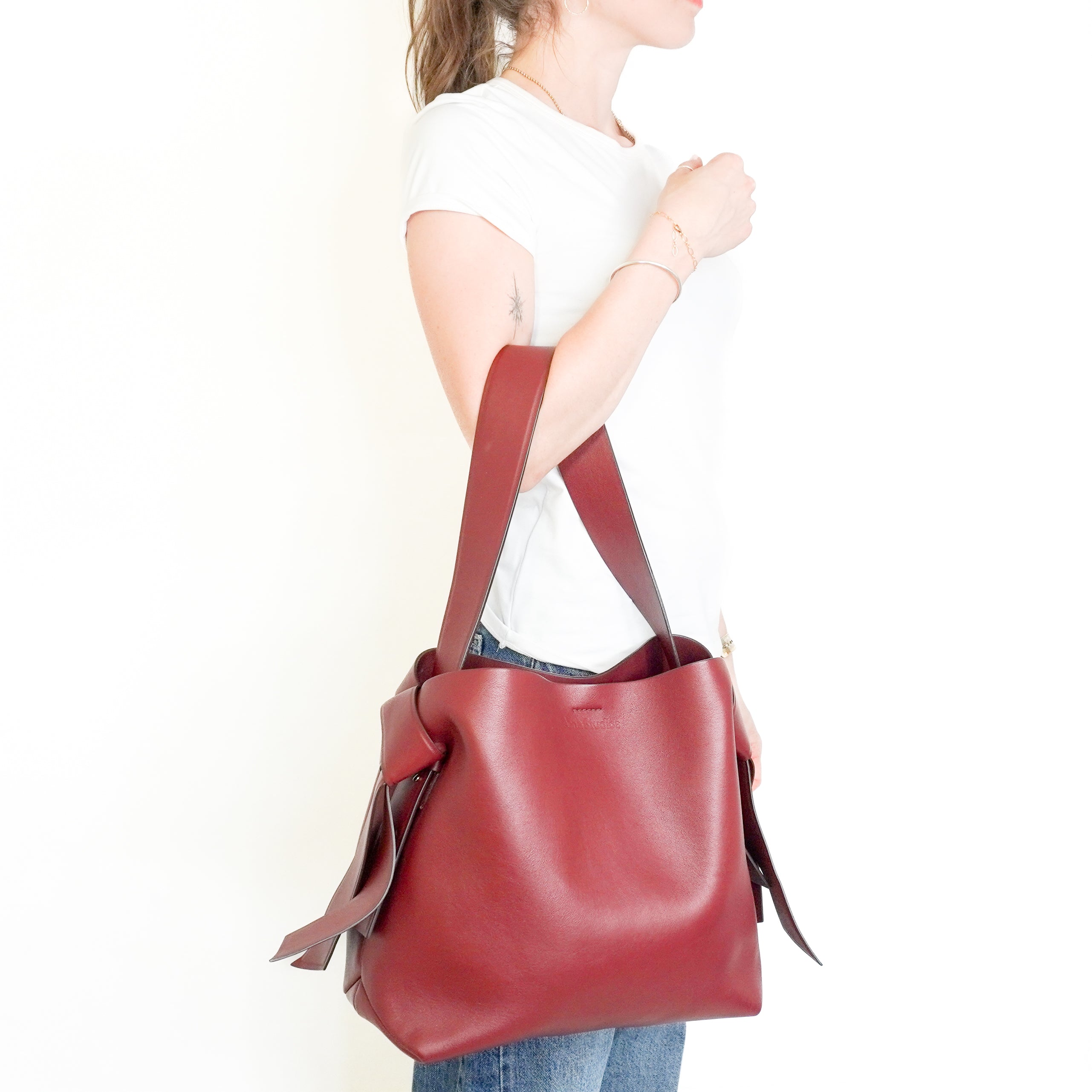 Acne Studios Medium Musubi Leather Tote Bag in Burgundy (RRP £1400) | Authentic Preloved