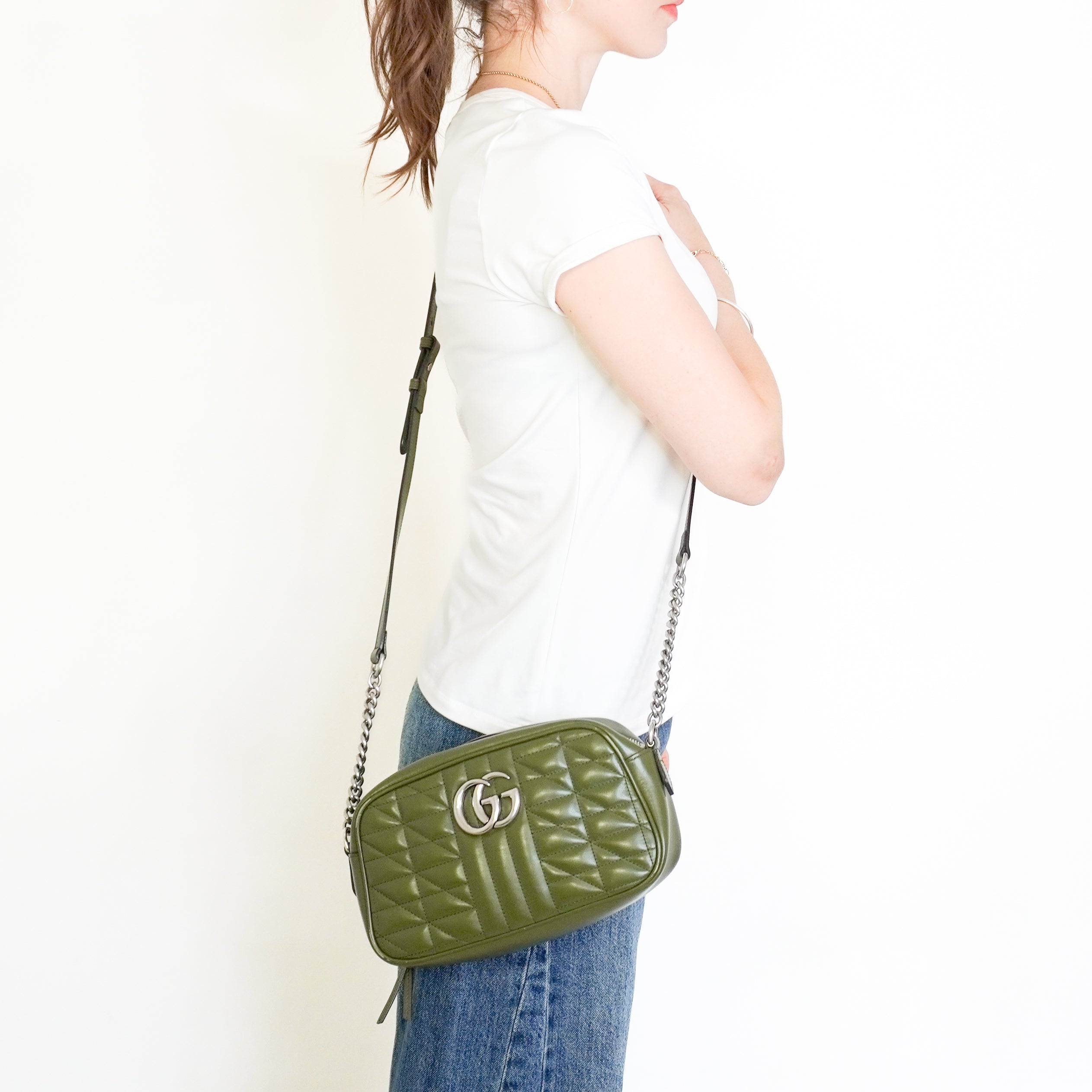 Gucci GG Marmont Small Matelassé Crossbody Bag in Olive Green (RRP £1460) | Authentic Preloved