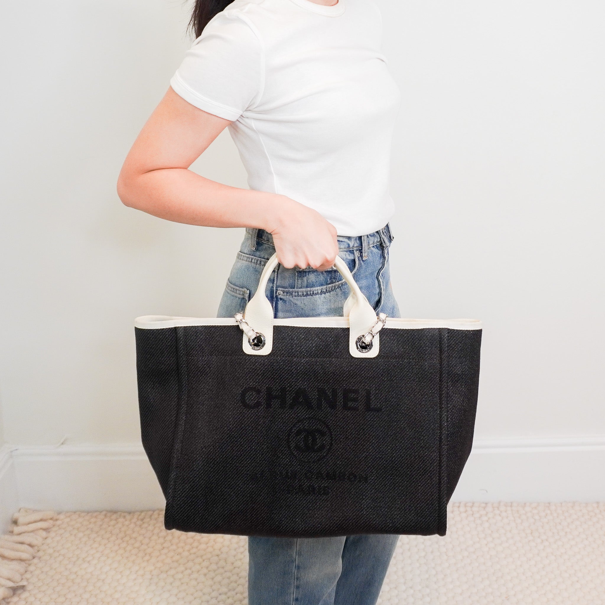 Chanel Black and White Canvas Deauville Tote Bag RRP £3800 | Authentic Preloved - Reloved Again
