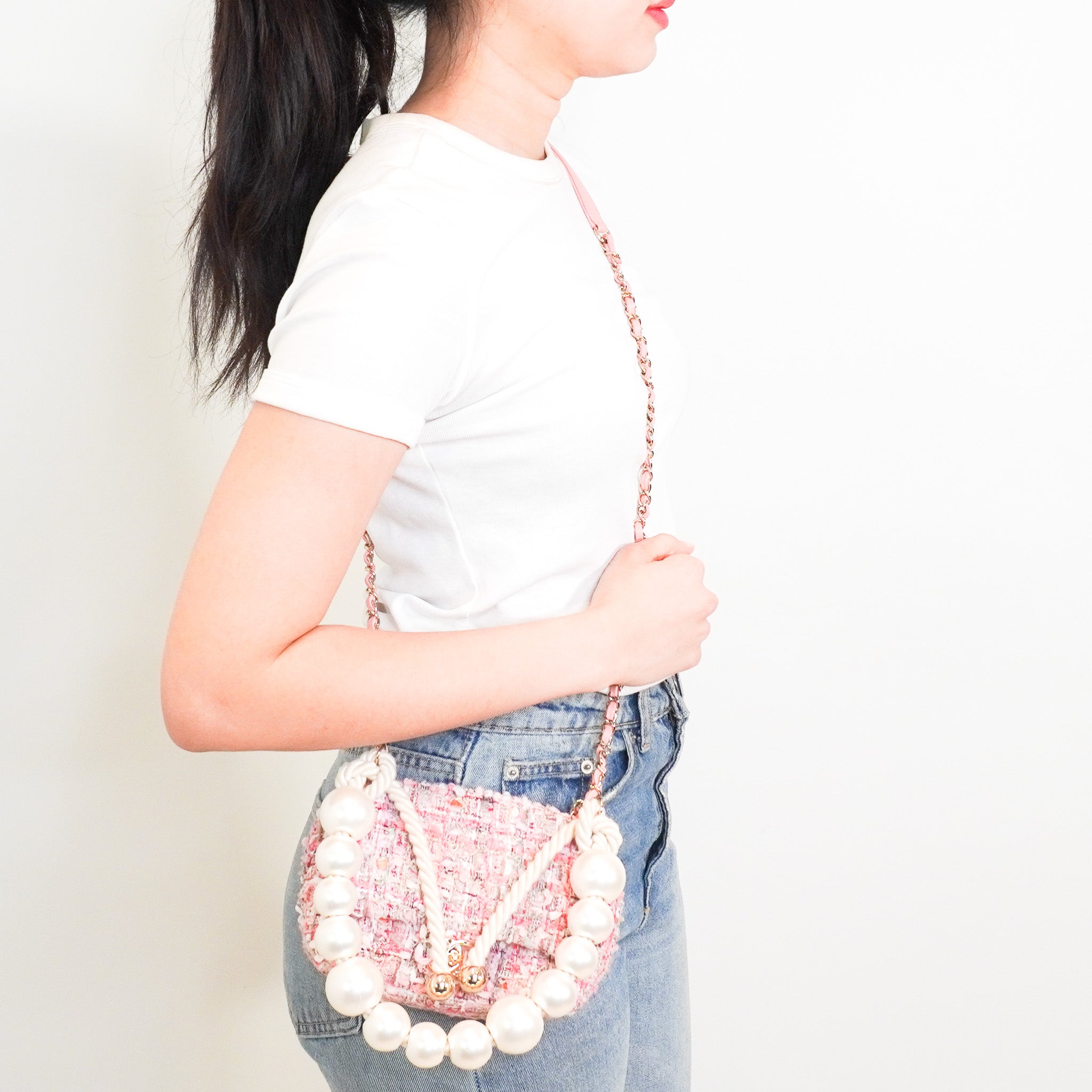 Chanel Pink Tweed Pearl Handle Mini Flap Bag RRP £4420 | Authentic Preloved - Reloved Again
