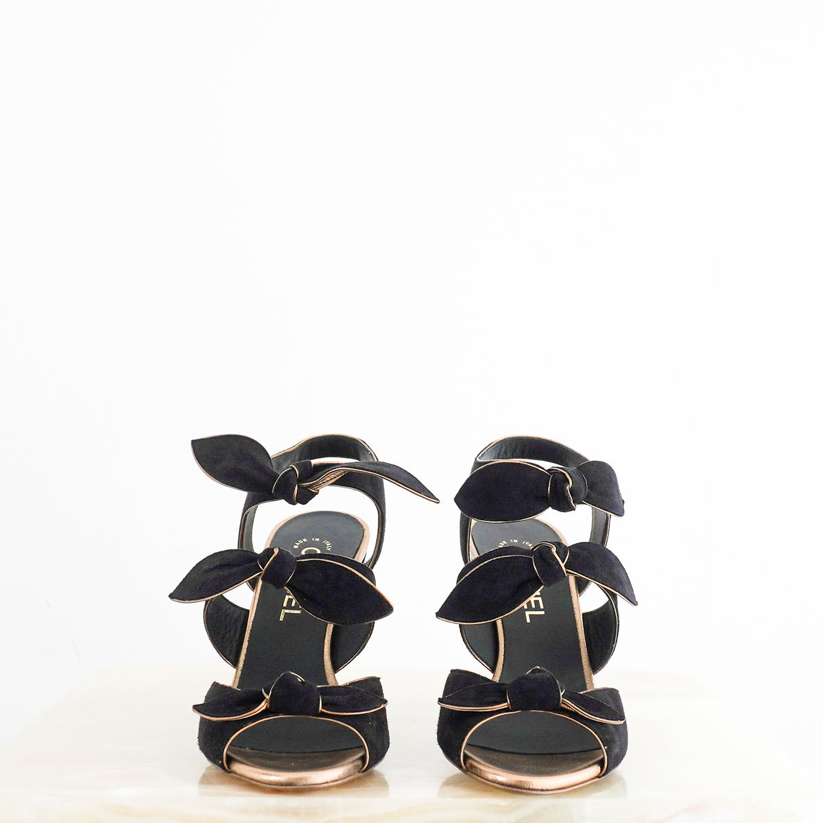 Chanel Black & Gold Suede Bow High Heel Sandals (RRP £1000) | Authentic Preloved
