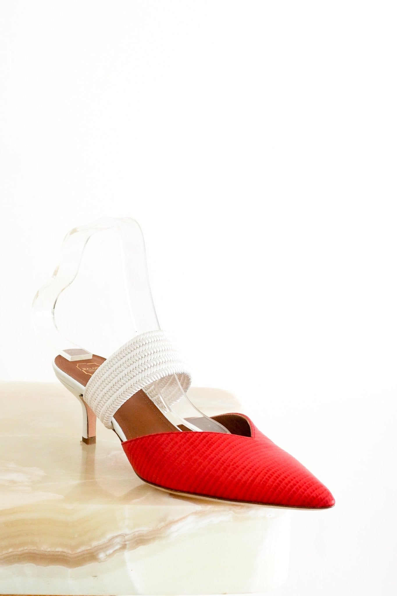 NEW Malone Souliers Maisie 45 Cord-Trimmed Leather Mules in Red and White (RRP £565) | Authentic Preloved - Reloved Again